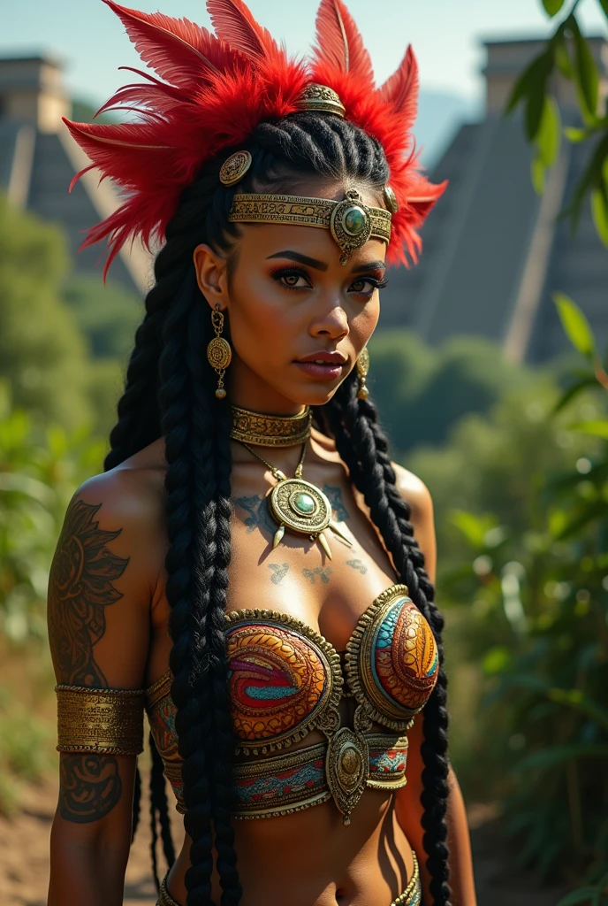 African black woman with her breasts out, adorned with tribal accessories around the neck. Glossy brown skin, deep look,