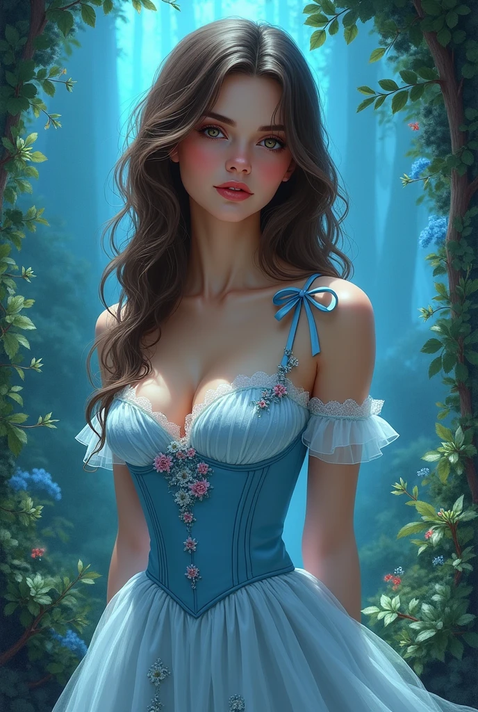 Brunette influencer, dress as Alice in Wonderland outfit, short blue dress, panties, bow in hair, cute smile