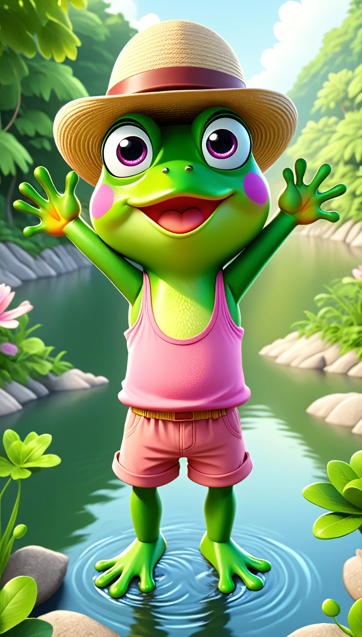 cute froggy, cartoon, arms, hands ,cute eyes, looking at viewer, arms up, flawless, river, tree, hat, clothes, pink shirt, shorts