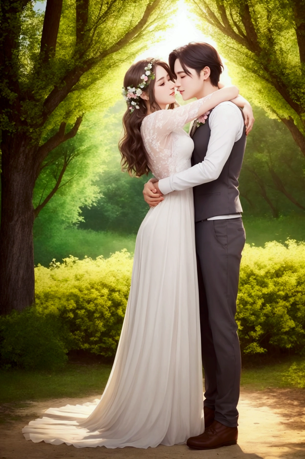 Morning of a sunny day of Spring in a flowery garden, with birds and insects.
Under a whitethorn bush a couple of boy and girl leaning to each other, both dressing white conservative clothes. The girl has long dark braids and wears a floral tiara, the boy's hair is messy and shoulders long. Illuminated by natural light