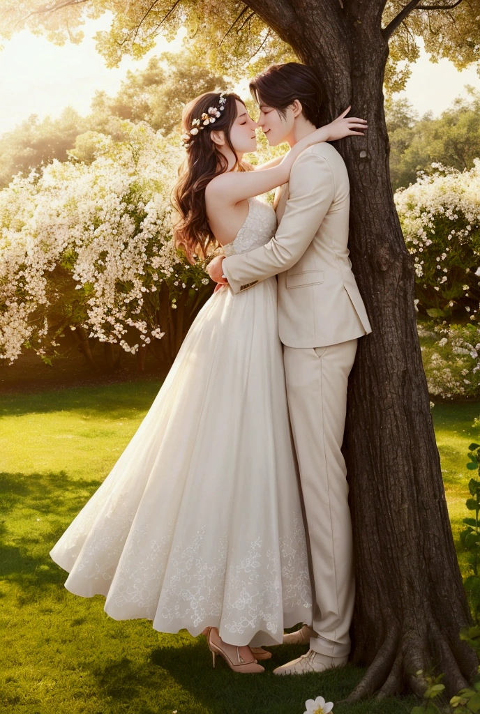 Location: Dream sequence in a field of blooming flowers.
Ambience: Surreal and romantic.
Couple's Expression: Enraptured, deeply in love.
Visual: Lying in a field, surrounded by flowers, gazing into each other's eyes.
Dress: Flowy, pastel-colored outfits.