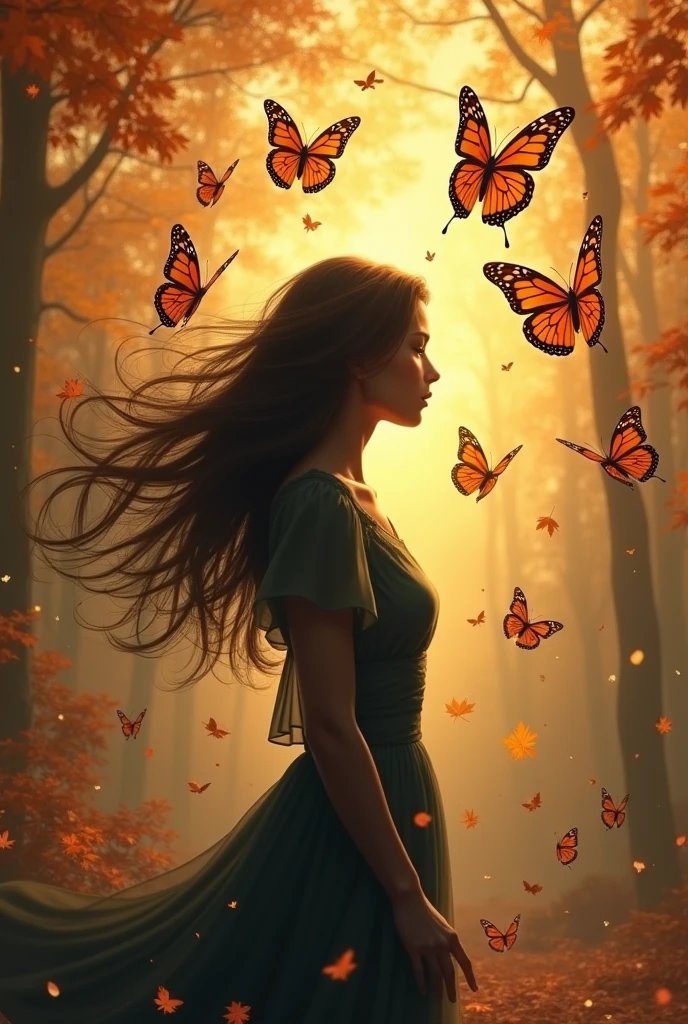 Beautiful 16 year old girl, fairy with butterfly wings stands naked behind a brightly lit forest background