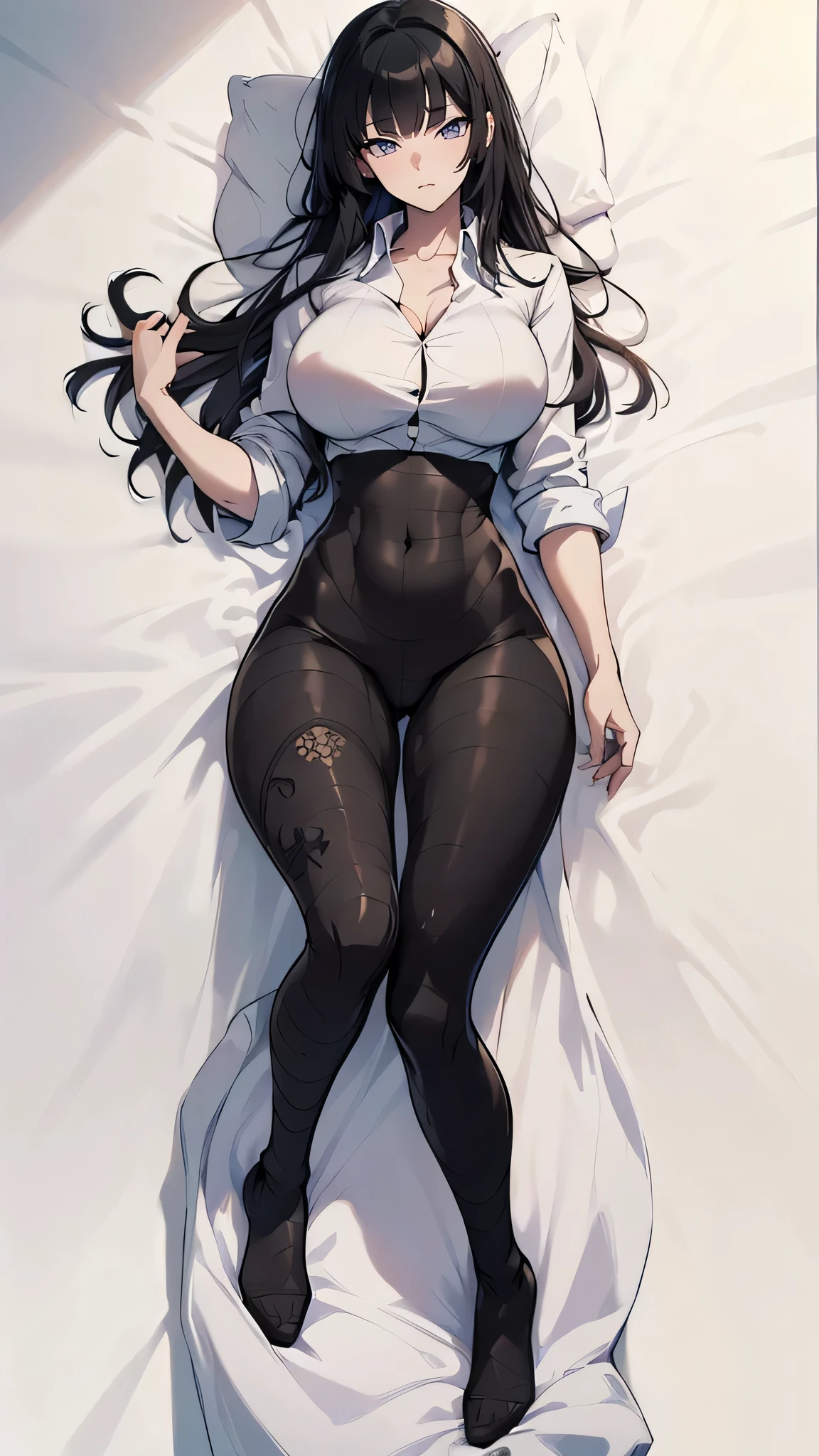 Angry expression. Crotch. A female athlete, wearing a white suit shirt, black pantyhose). Lay in bed.