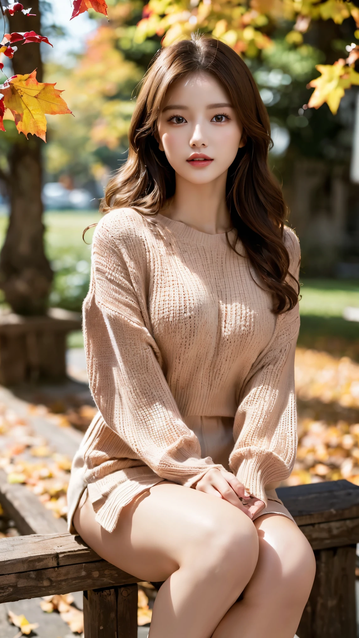 (((masterpiece、high resolution、high quality、Delicate、Ultra-high resolution、8k)))One female、Brown Hair、Curly Hair、Dense lips、slim、Red knitted clothes、Beautiful legs、autumn leaves、sunlight