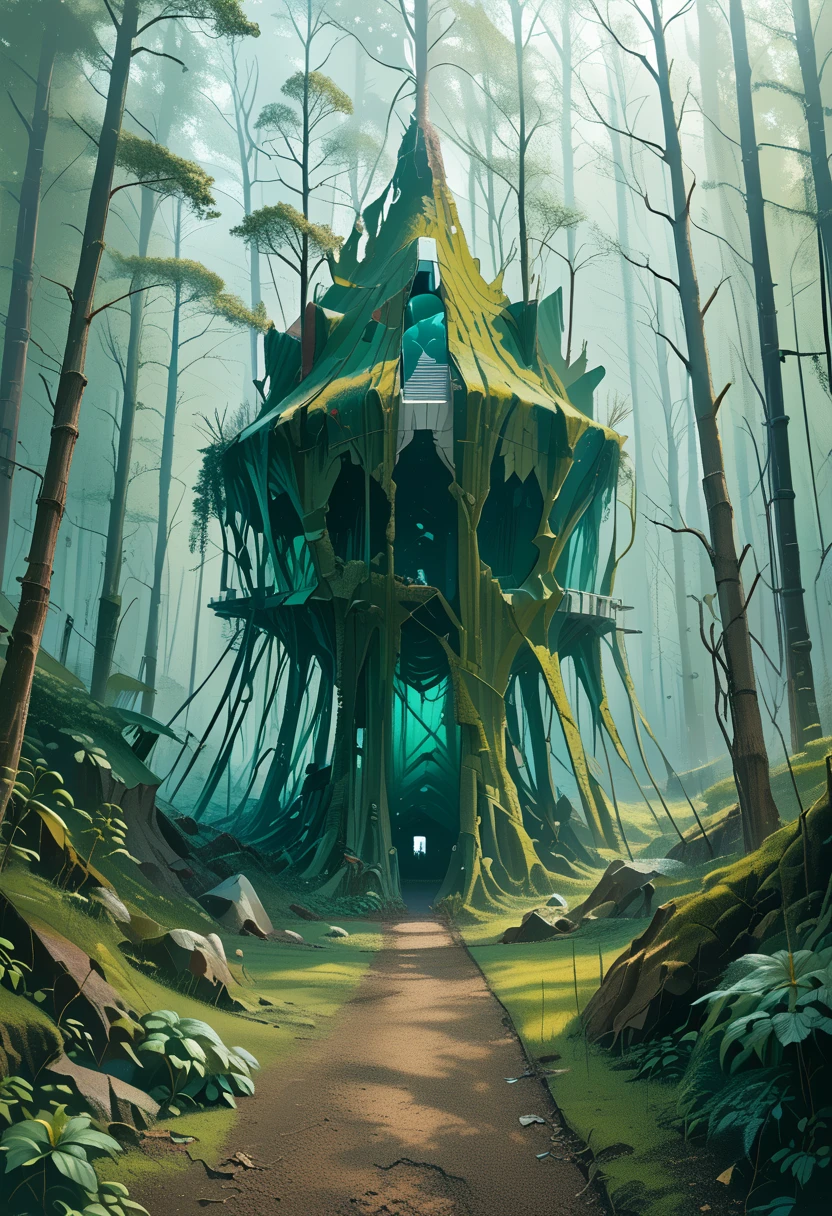 cyberpunk, Broken, There is a dense primeval forest here with many old photographs of houses built., cyberpunk, Broken, there are a lot of stones here, Green lush forest background, thick wood background, big meadow, arena background, game background, exaggerated forest background, cartoon style