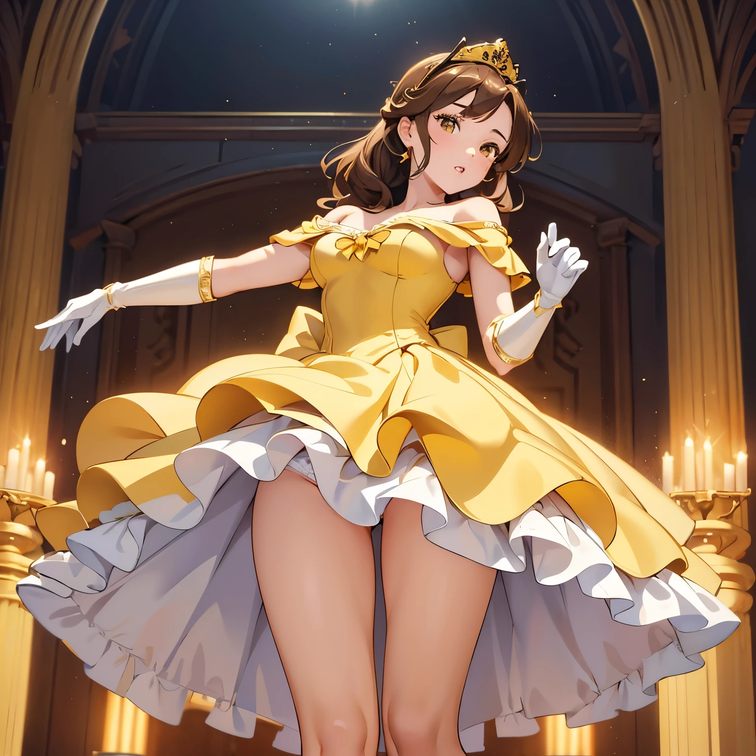 (masterpiece:1.2), (best quality), (ultra detailed), (8k, 4K, intricate),(highly detailed:1.2),(detailed face:1.2),1 girl, Female character with brown hair, White skin, Brown eyes, (A deep yellow off-the-shoulder ball gown with thin opera gloves).., Princess Belle,Skin is very glossy,clear sky , (belle open thighs),(shoot from below),(white panties),wind from below,whole body,