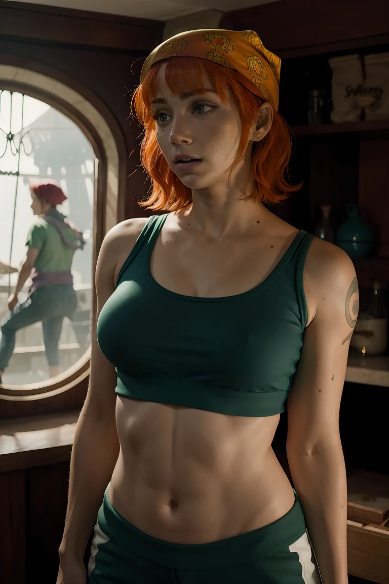 emilyrudd, nami, a woman with red hair an a green shirt wearing a bandana, cleavage, navel, deep navel, breasts, grabbing breasts, bouncing breasts,