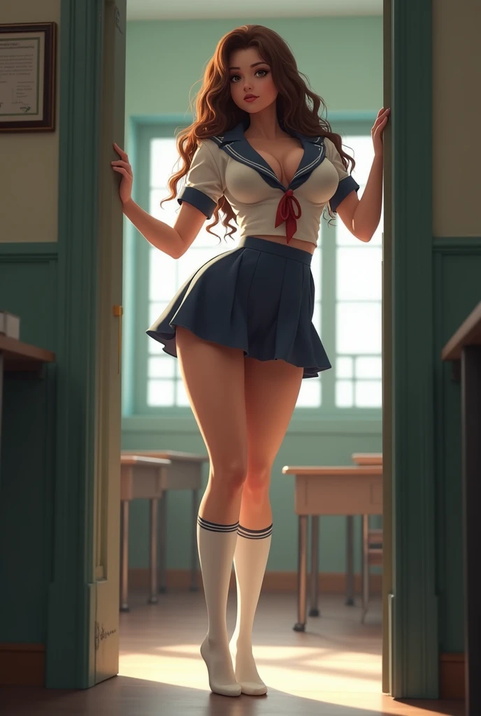 A beautiful woman with school uniform, insatiable desire, seifuku, belly free, smooth legs, short miniskirt, long knee socks, adriana lima, painted by artgerm and tom bagshaw, fantasy art, dramatic lighting, highly detailed oil painting, volumetric lighting