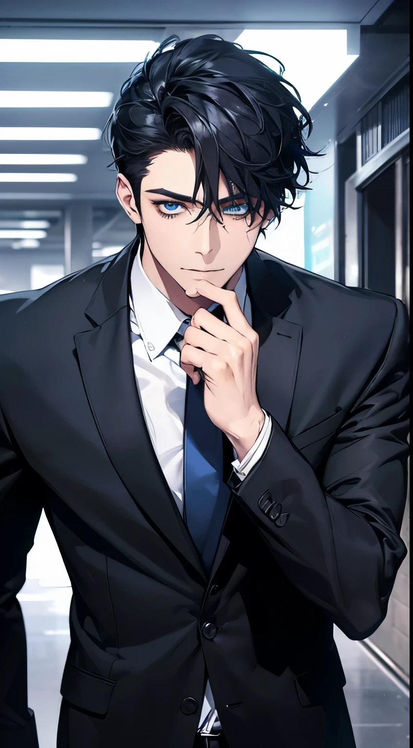 (best qualityer,4K,8k,high resolution,work of art:1.2),ultra detali,(realisitic,photorealisitic,photo-realisitic:1.37),1 men,3,mature man,Very beauthful,without expression,ssmile,short black hair,blue colored eyes,piercing look,perfect face without mistakes,imposing posture,business man,office background,cinematic lighting,HDR IMAGE