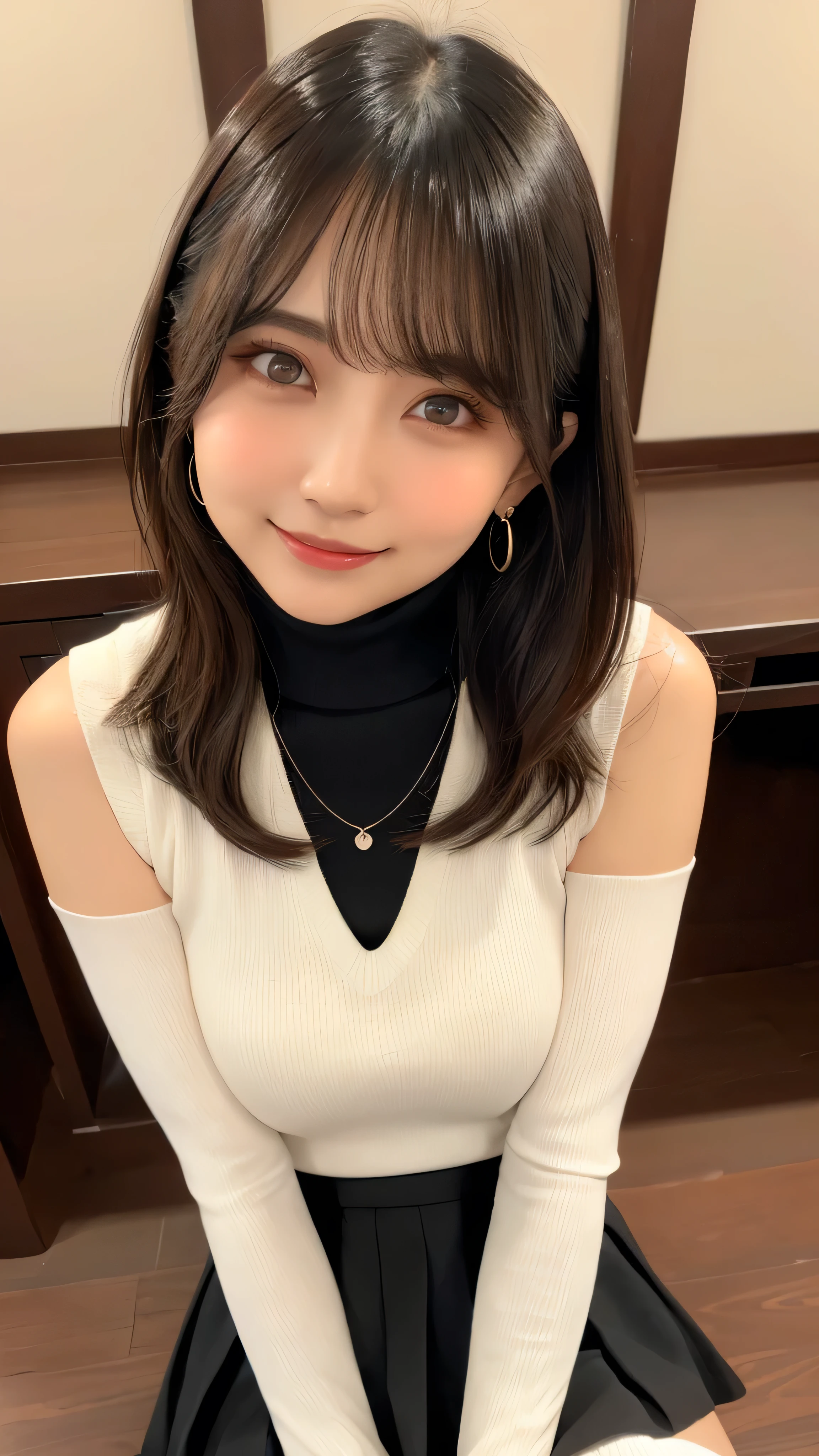 (Tabletop, Highest quality, High resolution, , Pixel perfect, 4K,), 1 girl, single, alone, Beautiful woman、I could see the whole body、 ((Wavy bob hair, bangs, Brown Hair)), ((Brown eyes, Beautiful eyelashes, Realistic eyes)), ((Detailed face, blush:1.2)), ((Smooth texture:0.75, Realistic texture:0.65, Realistic:1.1)), Medium chest, Dynamic Angle, Perfect body, ((, female teacher, , Earrings、necklace、White sleeveless turtleneck sweater、Tight Skirt、Black knee-high stockings、、A shy smile)), Superior、evening、Bring your arms together to emphasize your chest、hold the necklace between your chest、(Angle from below)