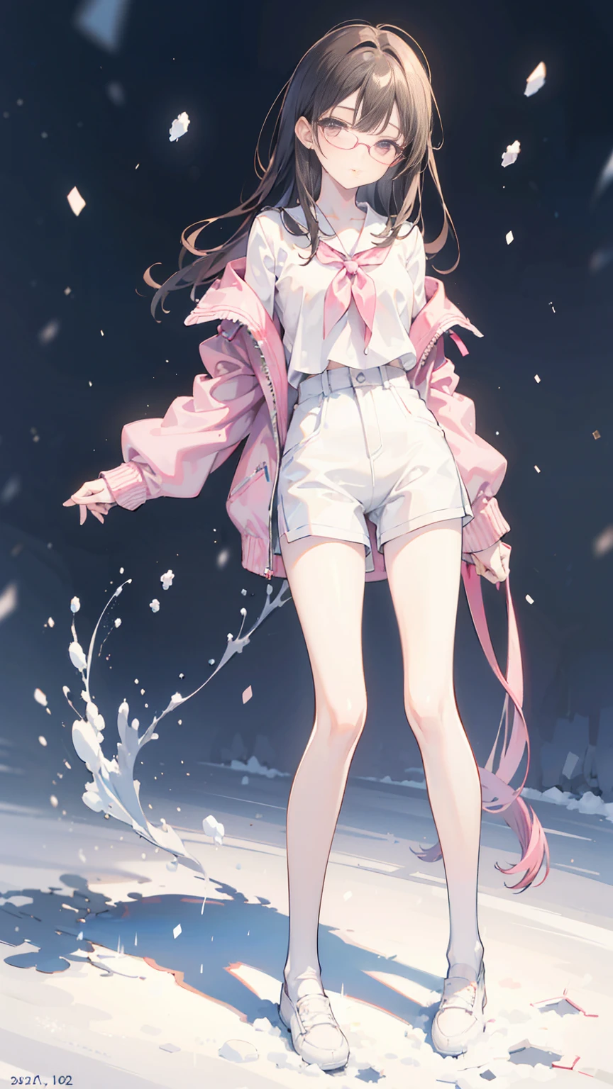 a girl,sixteen years old ,brown medium hair,white skin,glasses, pink blouses,white mini short pants,sport white socks,very thin legs,slim,skinny,in the snow