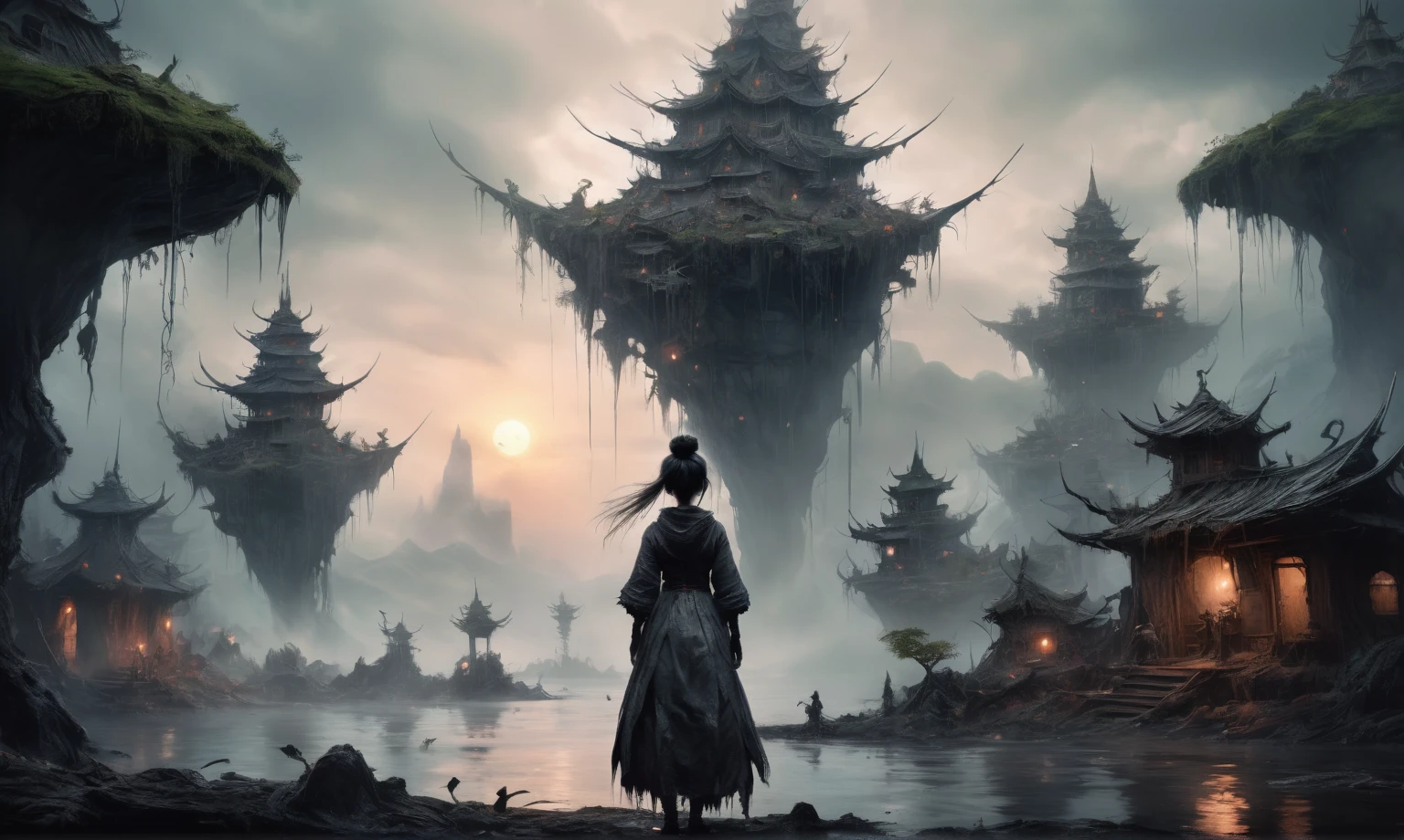 impressionism art by Ben Aronson and Collin Elder, landscape of a Layered (<lora:abysues:1> abysues dragonborn:1.1) from inside of a Pagoda, wearing Papal legate extravagant suit with peacock details, at Golden hour, Westernpunk, artstation, Pixabay, scene, en plein air
