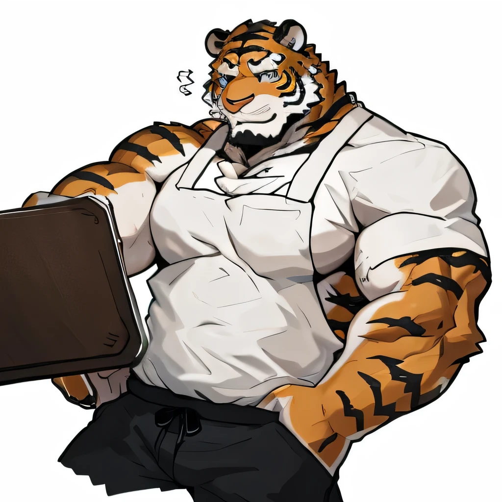 1 boy, Solitary, anthropology,tiger, hairy, From south to north, the fur turns red, Where people gather,Sparkling blue eyes, Pink hunk,Have abdominal muscles,muscular, Handsome, apron, Black pants, White shirt, lie on the floor, sleep, high quality, Super Detail, 1080P, high quality, high quality, best quality, 8K, Super Detail, 16K, White background