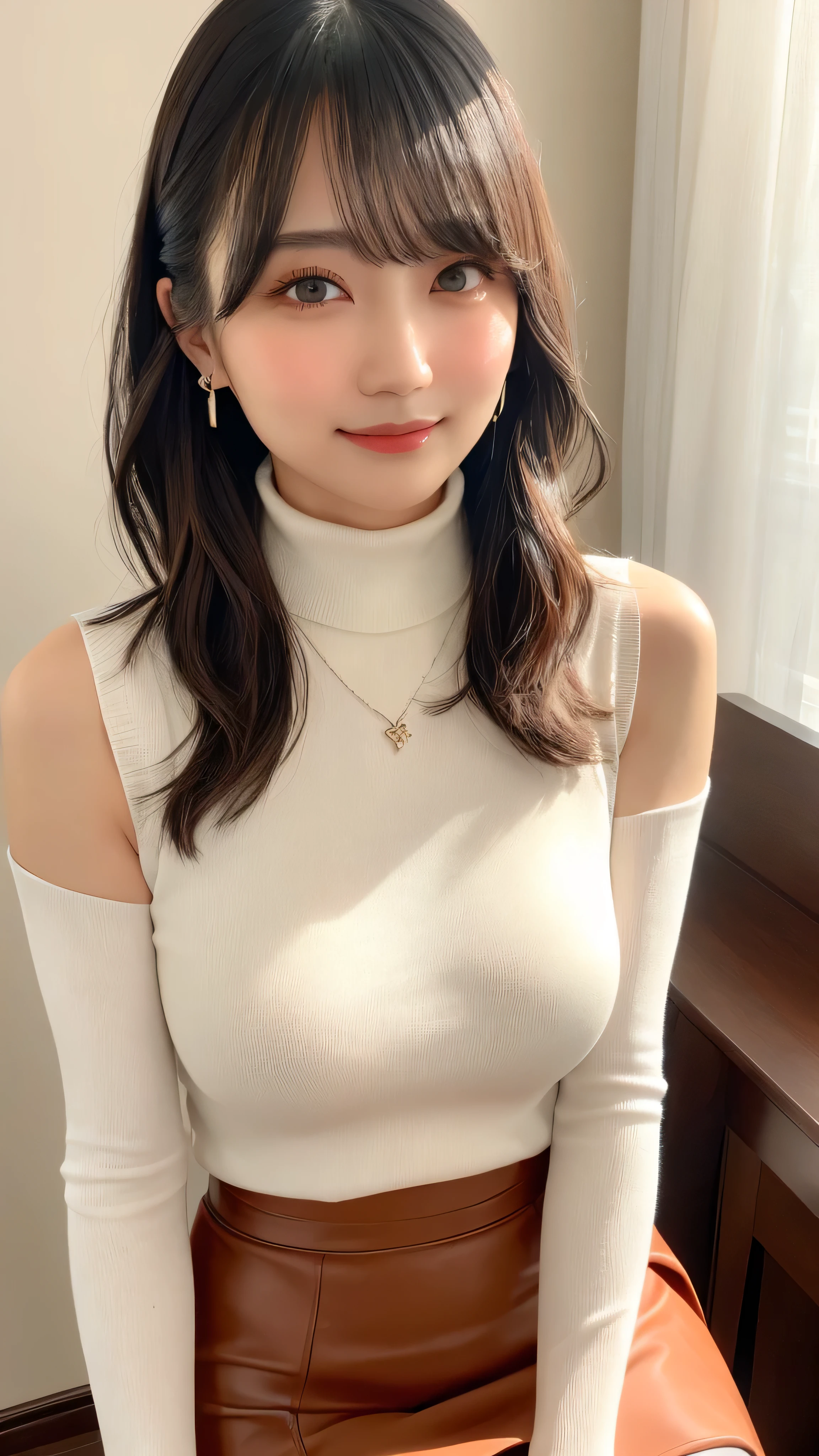 (Tabletop, Highest quality, High resolution, , Pixel perfect, 4K,), 1 girl, single, alone, Beautiful woman、I could see the whole body、 ((Wavy bob hair, bangs, Brown Hair)), ((Brown eyes, Beautiful eyelashes, Realistic eyes)), ((Detailed face, blush:1.2)), ((Smooth texture:0.75, Realistic texture:0.65, Realistic:1.1)), Medium chest, Dynamic Angle, Perfect body, ((, female teacher, , Earrings、necklace、White sleeveless turtleneck sweater、Tight Skirt、Black knee-high stockings、、A shy smile)), Superior、evening、Bring your arms together to emphasize your chest、hold the necklace between your chest、(Angle from below)