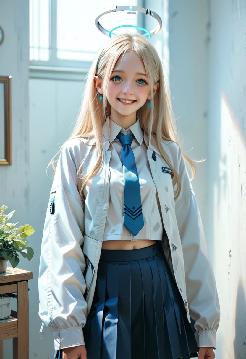 masterpiece, Best quality, ultra detailed, 1 girl, Aris, White jacket, White shirt, Blue tie, pleated skirt, halo, in room, smile 