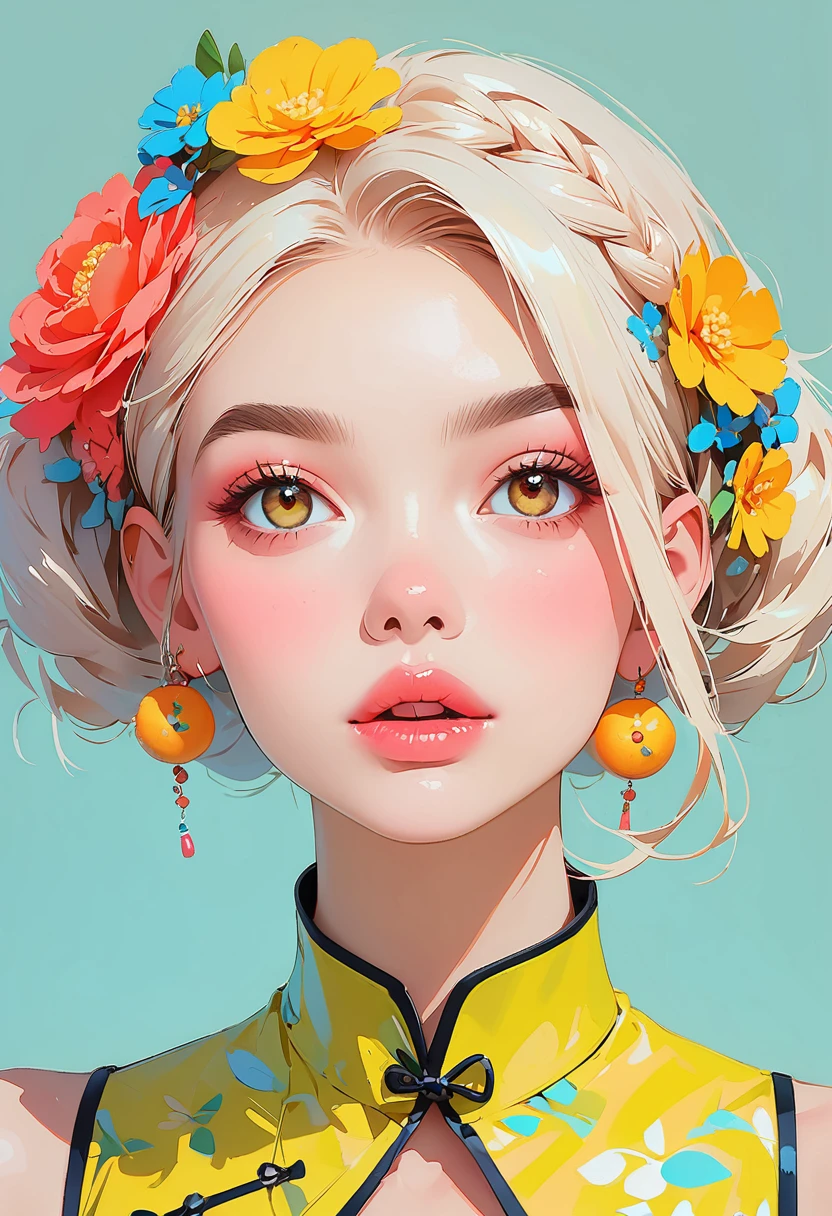 (Highest quality:1.4, City Pop Style, Very detailed, up to date, Vibrant, High Contrast, ), One girl, alone, ((Face Up Shot:1.4)), Neon Color Hair, Braid, Bob Hairstyle, pastel colour, China dress, flower, Portraiture, Yellow Eyes, Cute Face. Lips in Love, Stylish design, Pure light blue background.