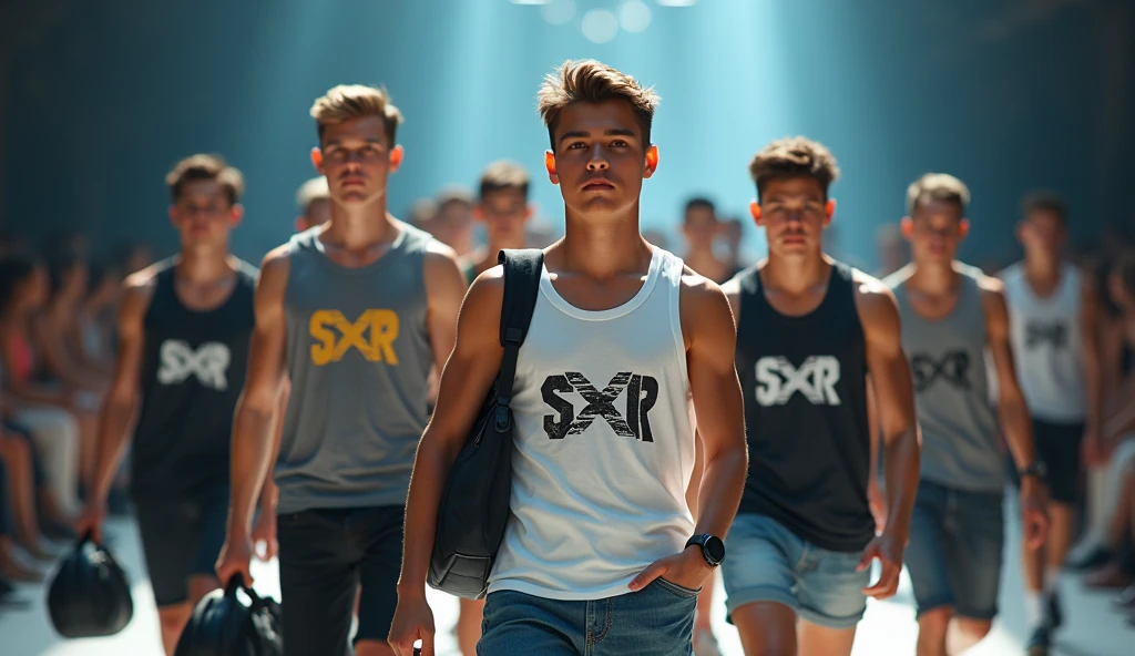 Group of sexy young guys in a store with their pants down showing their boxers 
[serious faces] [natural light] [big package] [sexy black boxers] [alley] [A guy taking a photo also in boxers]