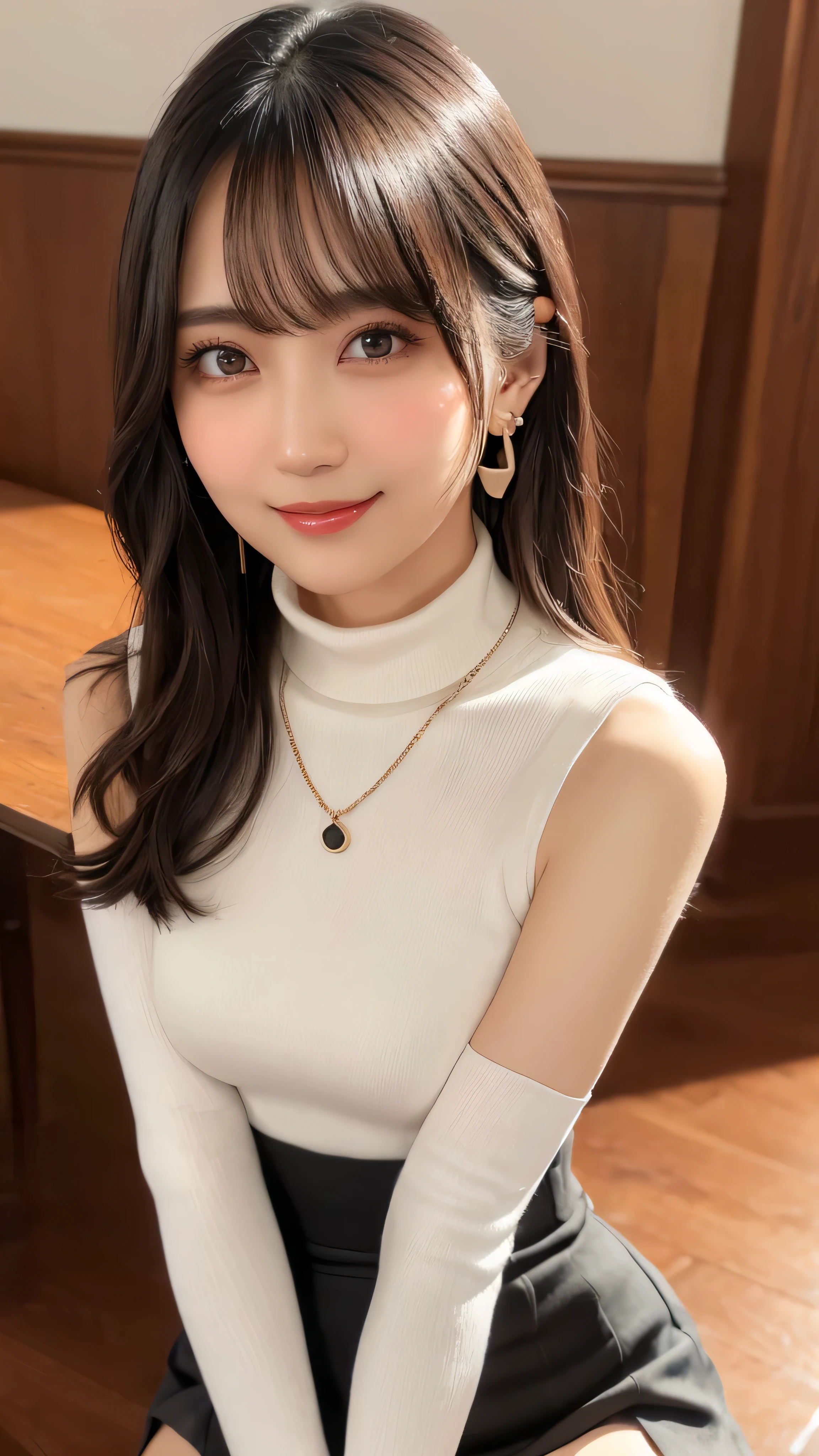 (Tabletop, Highest quality, High resolution, , Pixel perfect, 4K,), 1 girl, single, alone, Beautiful woman、I could see the whole body、 ((Wavy bob hair, bangs, Brown Hair)), ((Brown eyes, Beautiful eyelashes, Realistic eyes)), ((Detailed face, blush:1.2)), ((Smooth texture:0.75, Realistic texture:0.65, Realistic:1.1)), Medium chest, Dynamic Angle, Perfect body, ((, female teacher, , Earrings、necklace、White sleeveless turtleneck sweater、Tight Skirt、Black knee-high stockings、、A shy smile)), Superior、evening、Bring your arms together to emphasize your chest、hold the necklace between your chest、(Angle from below)