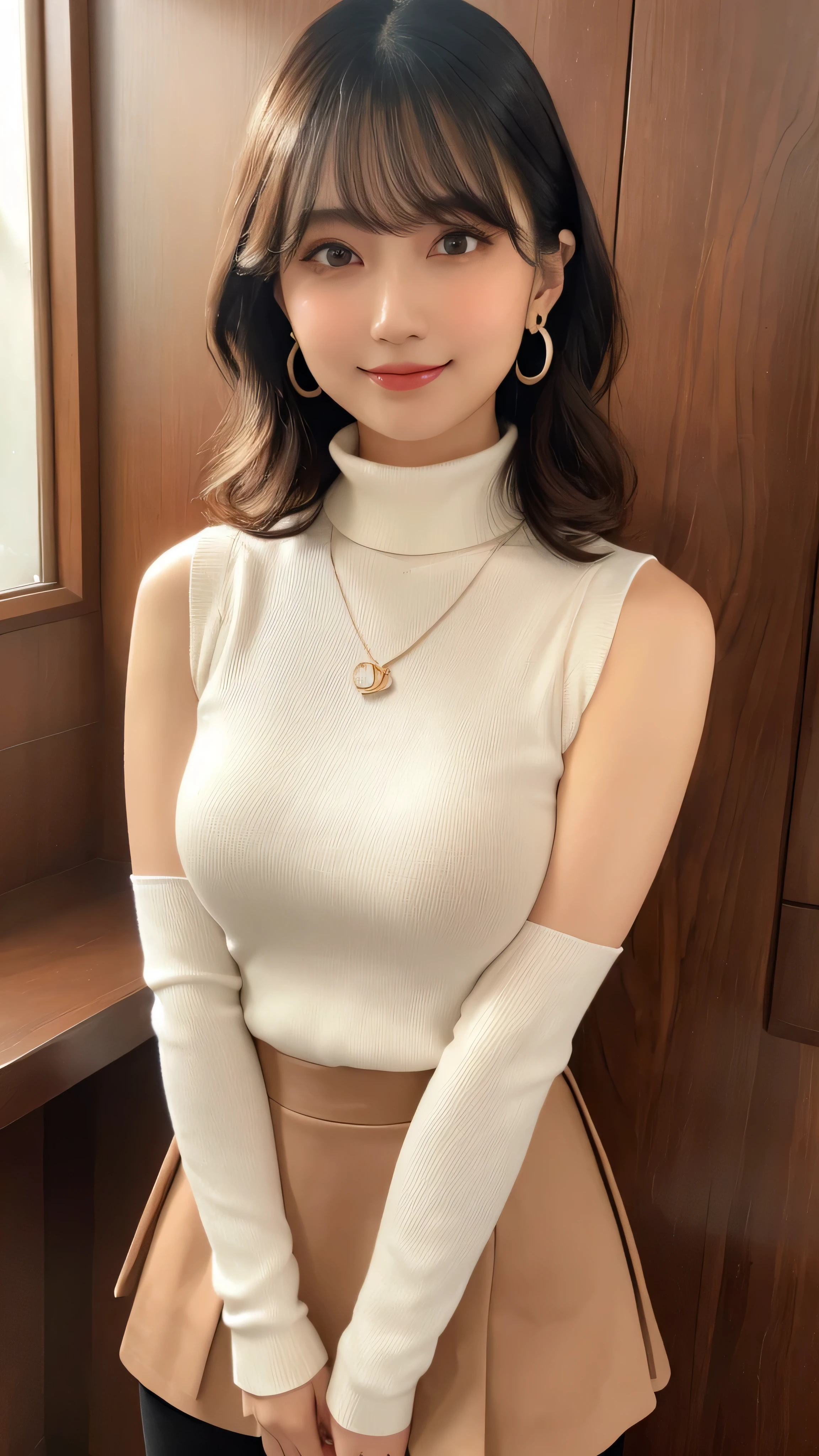 (Tabletop, Highest quality, High resolution, , Pixel perfect, 4K,), 1 girl, single, alone, Beautiful woman、I could see the whole body、 ((Wavy bob hair, bangs, Brown Hair)), ((Brown eyes, Beautiful eyelashes, Realistic eyes)), ((Detailed face, blush:1.2)), ((Smooth texture:0.75, Realistic texture:0.65, Realistic:1.1)), Medium chest, Dynamic Angle, Perfect body, ((, female teacher, , Earrings、necklace、White sleeveless turtleneck sweater、Tight Skirt、Black knee-high stockings、、A shy smile)), Superior、evening、Bring your arms together to emphasize your chest、hold the necklace between your chest、(Angle from below)