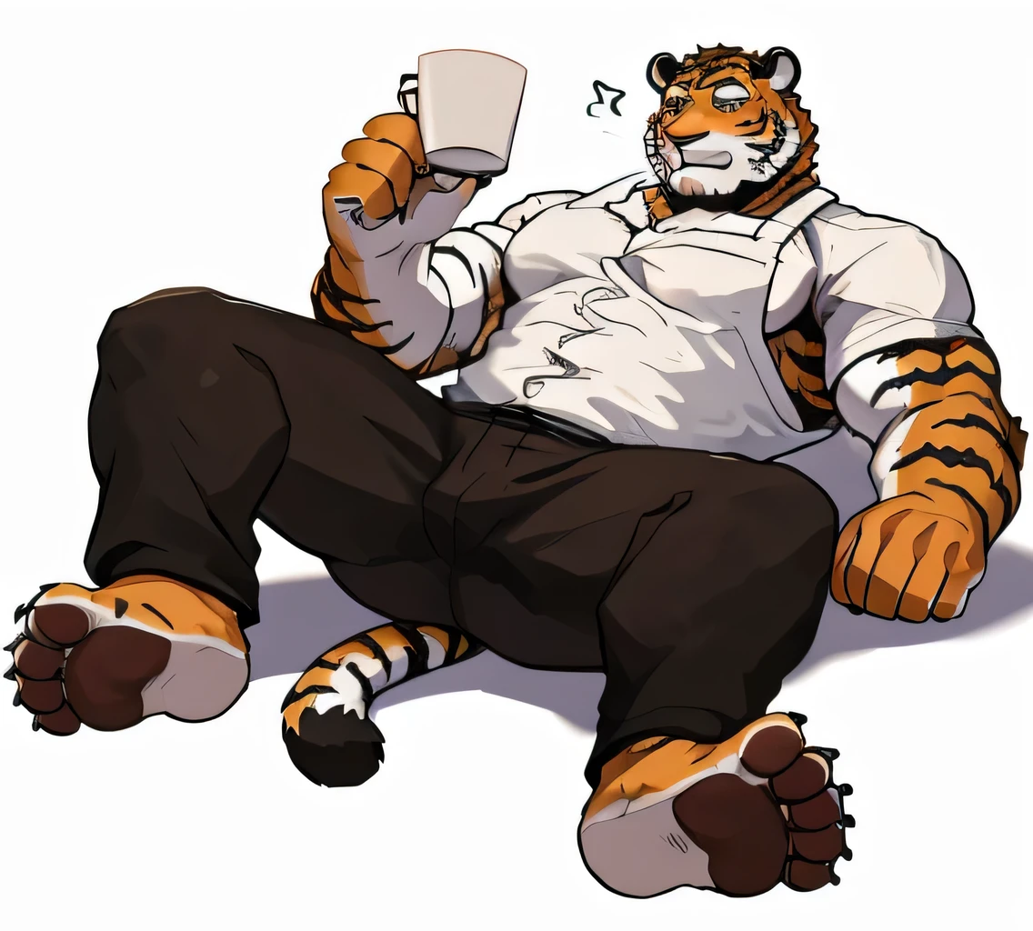 1 boy, Solitary, anthropology,tiger, hairy, From south to north, the fur turns red, Where people gather，Sparkling blue eyes, Pink hunk，Have abdominal muscles，muscular, Handsome, apron, Black pants,Maid coffee， White shirt, lie on the floor, sleep, high quality, Super Detail, 1080P, high quality, high quality, best quality, 8K, Super Detail, 16K, White background，There are only five toes on the sole of the foot