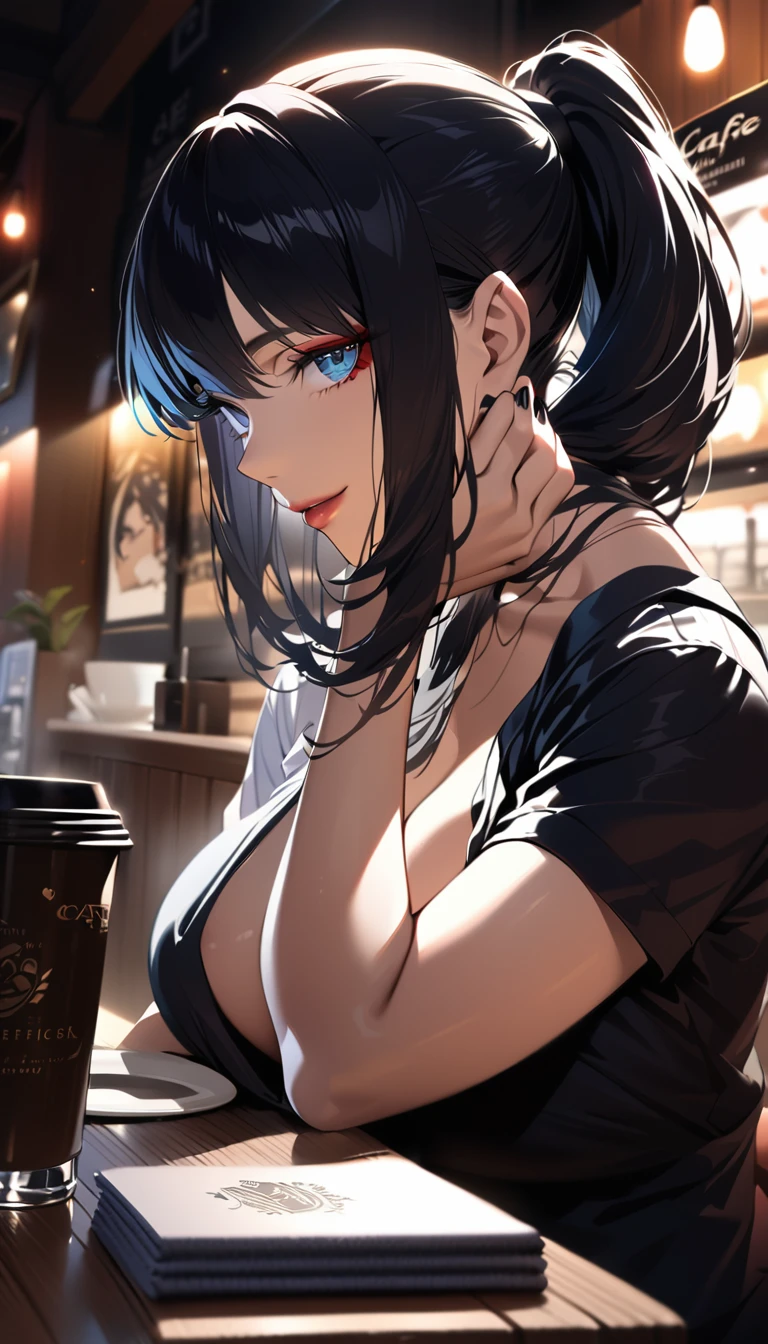 (((masterpiece))), ((best quality)), perfect lighting, detailed skin, perfect face, hyper realistic detailed 2d anime art, 1girl, adult, black ponytail, blue eyes, light smile, embraced, large breasts, open top, shirt, sit, cafe, night, upperbody, face shot, hand on face, makeup, black nails, lipstick, close to viewer