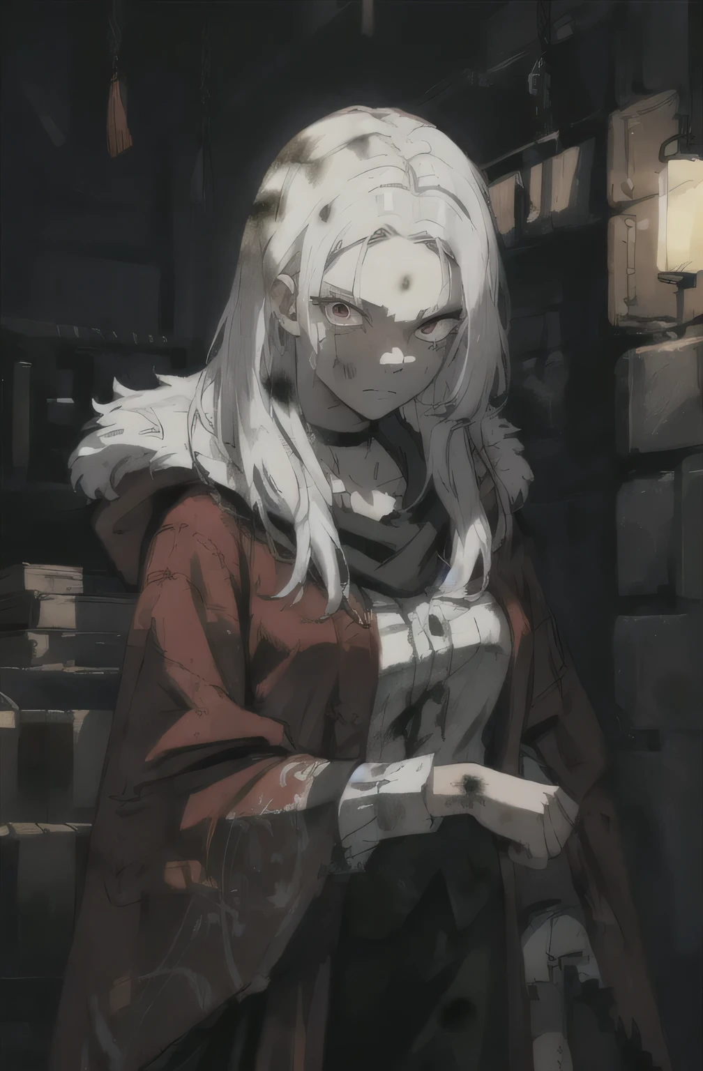 Masterpiece, best quality, 8k, dark lighting , dramatic shadows, cowboy shot, 1girl, (((colorless skin, white skin))), pale lips, ((((white hair)))), solo, (very long hair, matted hair, straight hair, messy hair, tangled hair), expressive eyes, large eyes, (( gaunt cheeks, pronounced cheek bones, undead, malnourished )), (((red eyes, snake eyes))), looking at viewer, black leather vest, red hair streaks, dark scene, upper body, small breasts, albino,(mature female, eye wrinkles, red eyeliner), ((ragged clothes, long sleeve , torn clothes, dark gray clothes, red wool scarf, fur lined hood, hood around shoulder, wearing rags, red wool cloak)), ((dirty clothes)), black leather shirt, red metal choker necklace , dark cavern