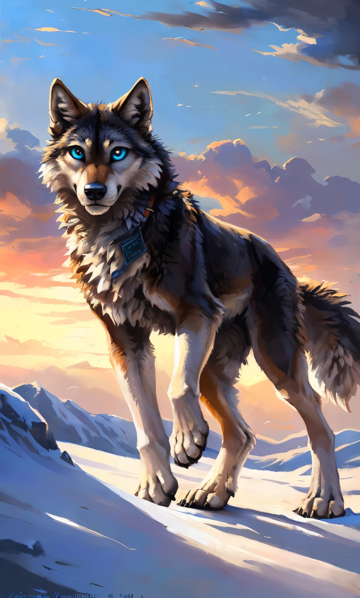 An intricately detailed digital matte painting, full portrait view, frontal shot, of a white furred female wolf furry, smiling mischievously as she keeps her hands at her sides