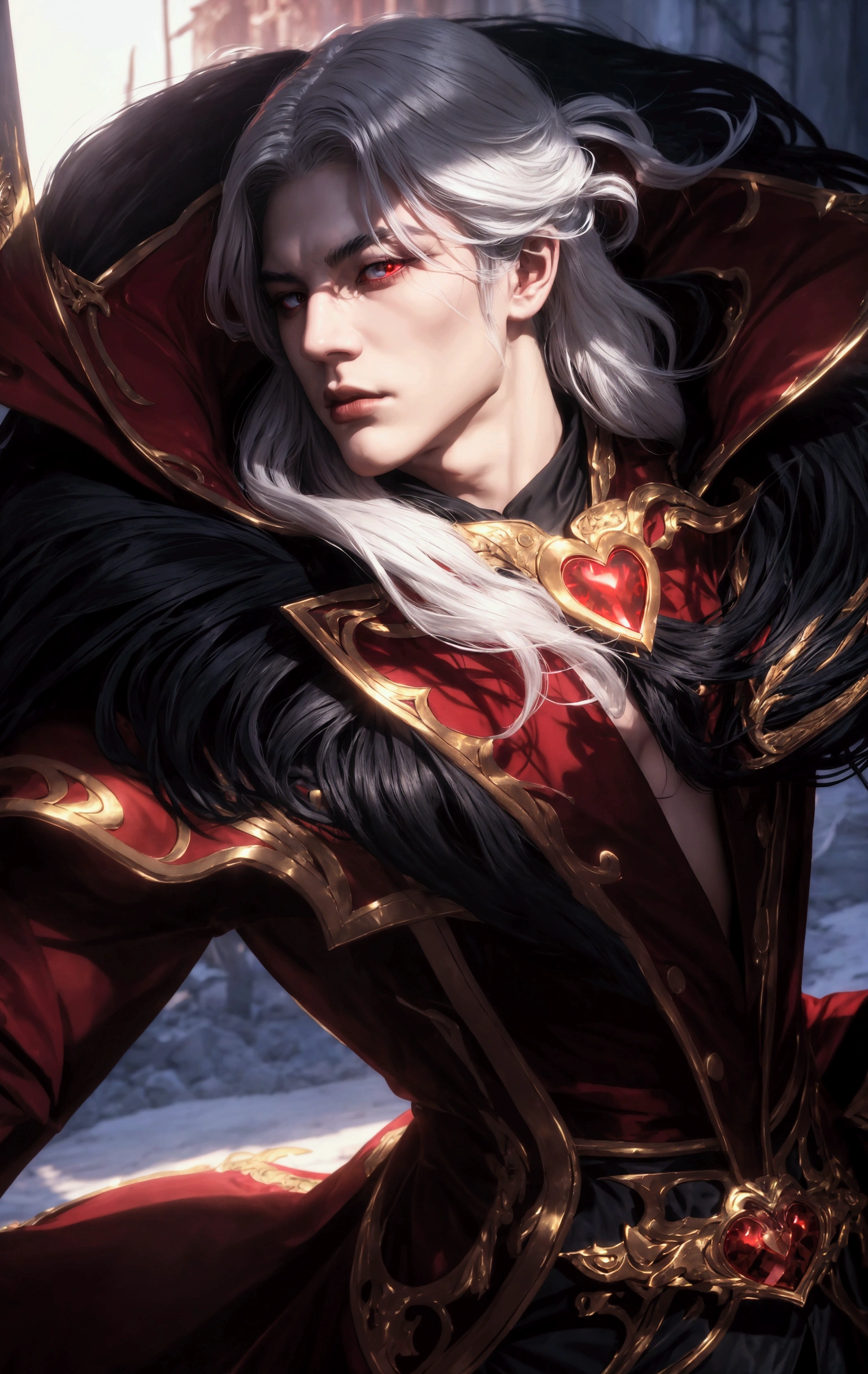 Flowing white hair, intricately designed black and red garment with gold accents, large high collar, luxurious fur trim, glowing red heart-shaped accessory on chest, confident and imposing stance, dramatic lighting with soft shadows, cool-toned outdoor backgroundbackground, man.