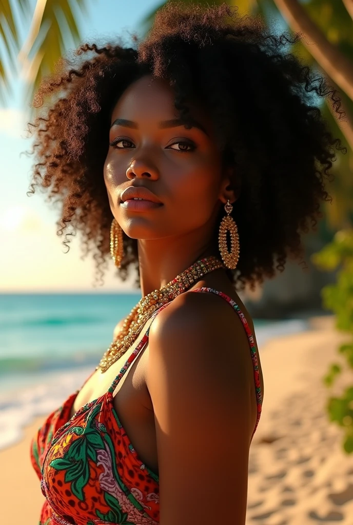 A young beautiful brown skinned african girl in her 20s, wearing a colorful bikini, standing in a lush tropical landscape with palm trees, (best quality,4k,8k,highres,masterpiece:1.2),ultra-detailed,(realistic,photorealistic,photo-realistic:1.37),detailed facial features,high quality portrait,outdoor tropical scenery,beautiful detailed eyes,beautiful detailed lips,extremely detailed eyes and face,longeyelashes,intricate details,vibrant colors,soft lighting,natural lighting,warm color tones,cinematic lighting,dramatic lighting