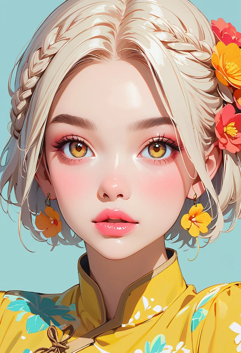 (Highest quality:1.4, City Pop Style, Very detailed, up to date, Vibrant, High Contrast, ), One girl, alone, ((Face Up Shot:1.4)), Neon Color Hair, Braid, Bob Hairstyle, pastel colour, China dress, flower, Portraiture, Yellow Eyes, Cute Face. Lips in Love, Stylish design, Pure light blue background.