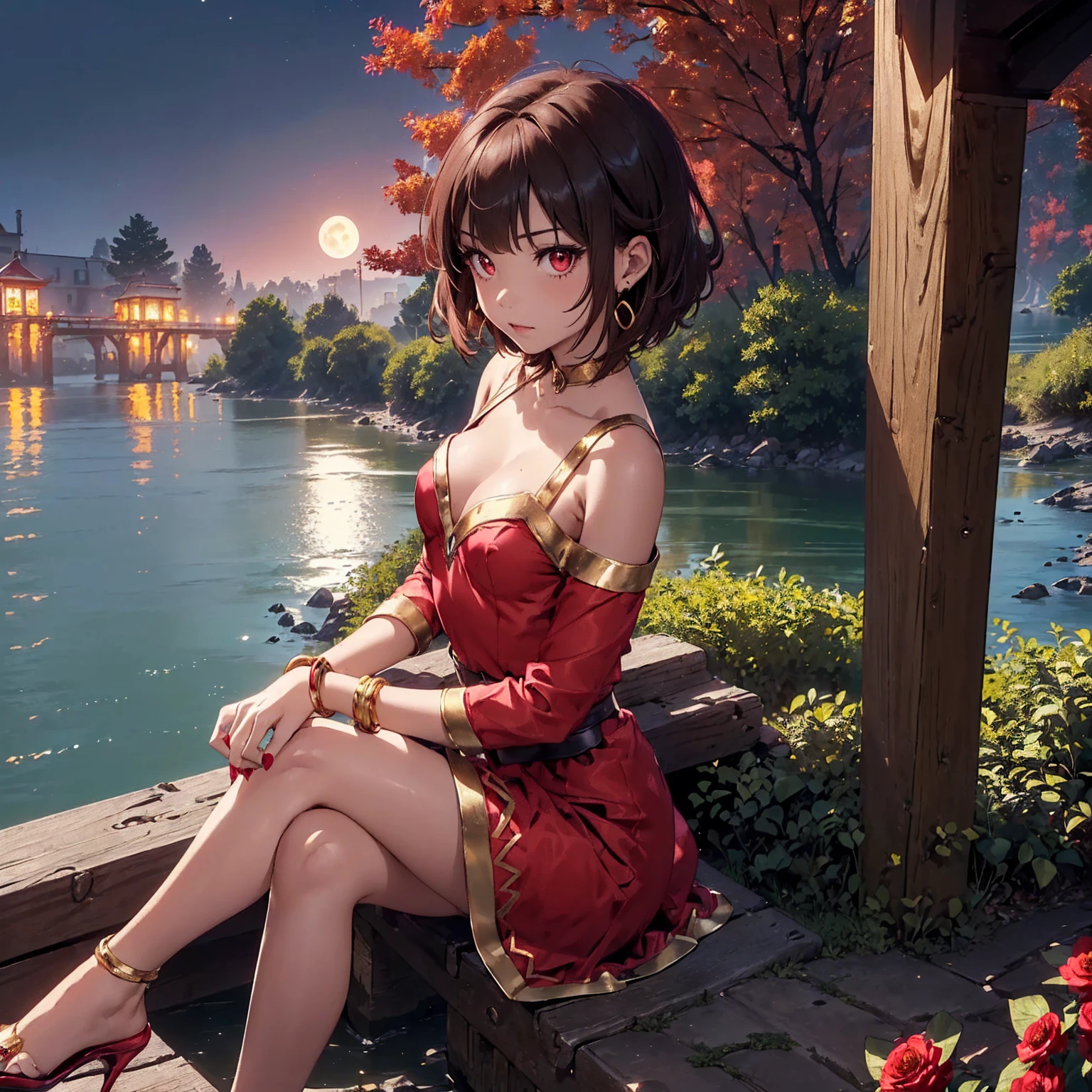 ((1girl, solo ,alone, megumin, short hair, red eyes, brown hair, ((short woman, small breasts, small bust )), painted nails, gold bracelets, ruby earrings)), ((solo, 1woman, pink lipstick, Extremely detailed, ambient soft lighting, 4k, perfect eyes, a perfect face, perfect lighting, a 1girl)), austere, (( red dress, fine jewelry, gold bracelets, pier, river, forest, full moon, flowers, Victoria Regia, panoramic view, viewpoint, sitting, legs crossed, small bust))