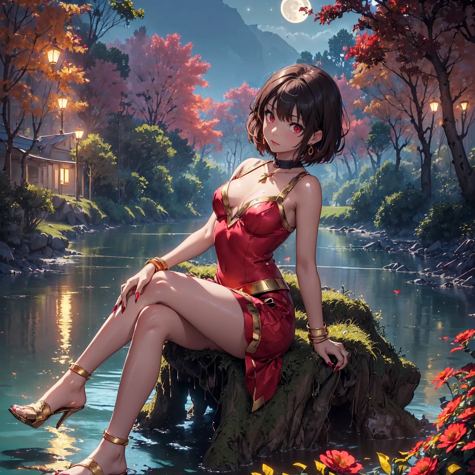 ((1girl, solo ,alone, megumin, short hair, red eyes, brown hair, ((short woman, small breasts, small bust )), painted nails, gold bracelets, ruby earrings)), ((solo, 1woman, pink lipstick, Extremely detailed, ambient soft lighting, 4k, perfect eyes, a perfect face, perfect lighting, a 1girl)), austere, (( red dress, fine jewelry, gold bracelets, pier, river, forest, full moon, flowers, Victoria Regia, panoramic view, viewpoint, sitting, legs crossed, small bust))