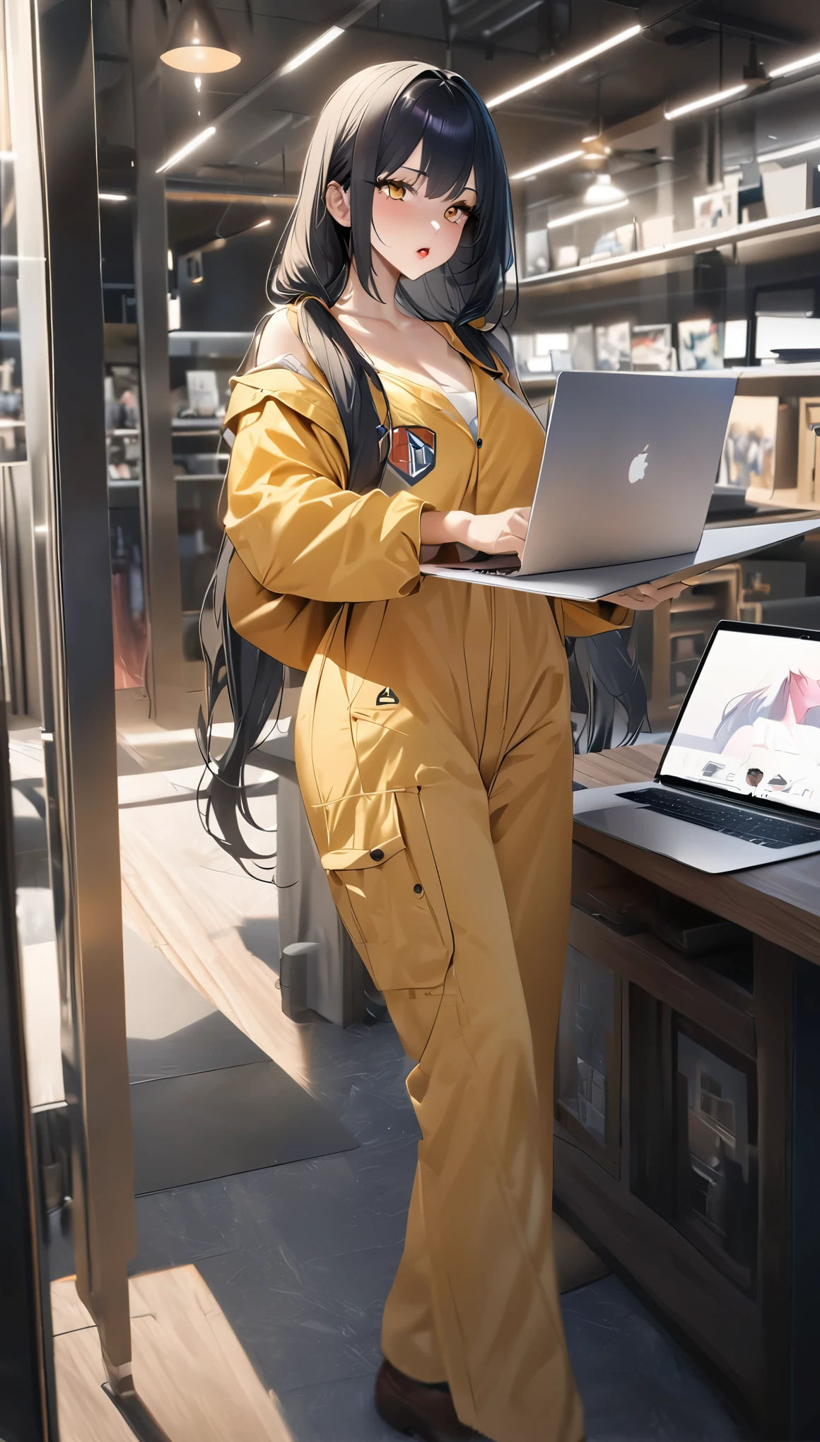 (masterpiece, highest quality, Highest image quality, High resolution, photorealistic, Raw photo, 8k:1.27)), (Extremely detailed CG unified 8k wallpaper:1.27), 1 girl, engineer, (She is wearing a yellow and navy jumpsuit, She is wearing a camisole with the "Macintosh" logo printed on the inner layer:1.57), (looking at viewer:1.32), large breasts,  big ass, juicy lips, big lips, massive lashes, long black hair, twin tails, hair down, she is operating a macbook, she is standing, dynamic posing, She sells MacBooks to customers