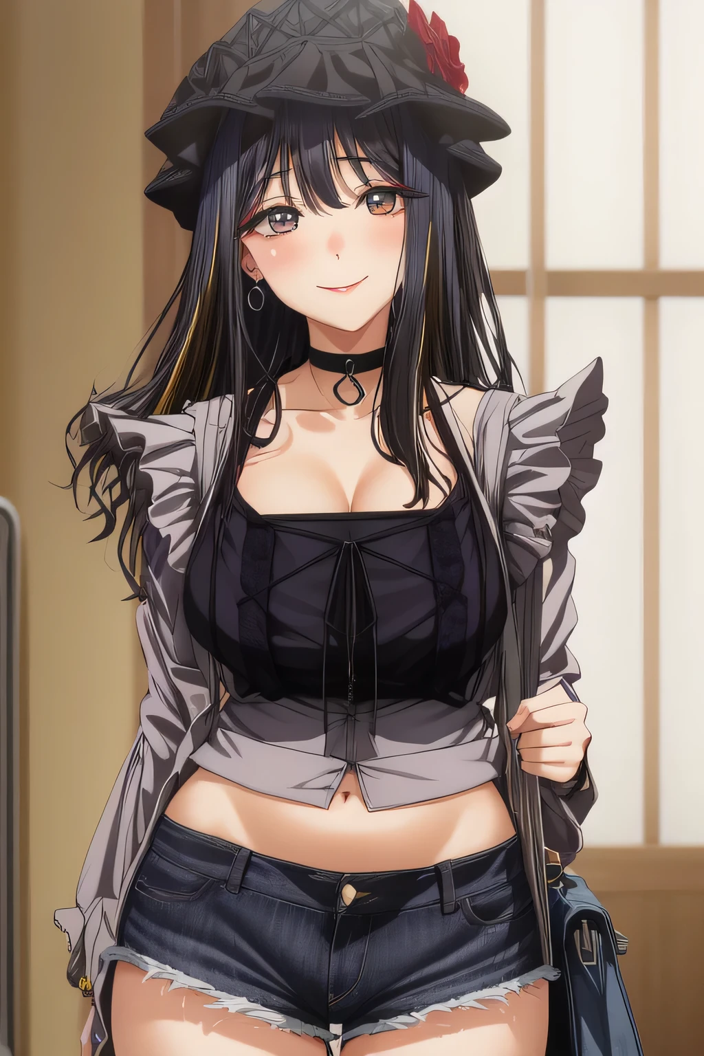 åå¤å·æµ·æ¢¦,1girl,solo,long hair,blonde hair,ear piercing,earrings,bangs,multicolored hair,gradient hair,red eyes,very long hair,eyelashes,medium breasts,large breasts,smile,:p,
black choker,striped shirt,pocket,collared shirt,collarbone,jewelry,plaid shirt,short shorts,torn shorts,denim shorts,bead bracelet,blue shorts,sleeves rolled up,unbuttoned,open fly,clothes pull,yellow bag,baseball cap,black headwear,, Exquisite visuals, high-definition,masterpiece,best quality,, 20yo,Young female,Beautiful Finger,Beautiful long legs,Beautiful body,Beautiful Nose,Beautiful character design, perfect eyes, perfect face,expressive eyes,
looking at viewer,
official art,extremely detailed CG unity 8k wallpaper, perfect lighting,Colorful, Bright_Front_face_Lighting,shiny skin, 
(masterpiece:1.0),(best_quality:1.0), ultra high res,4K,ultra-detailed,
photography, 8K, HDR, highres, absurdres:1.2, Kodak portra 400, film grain, blurry background, bokeh:1.2, lens flare, (vibrant_color:1.2), (beautiful_face:1.5),(narrow_waist), ,NSFW,