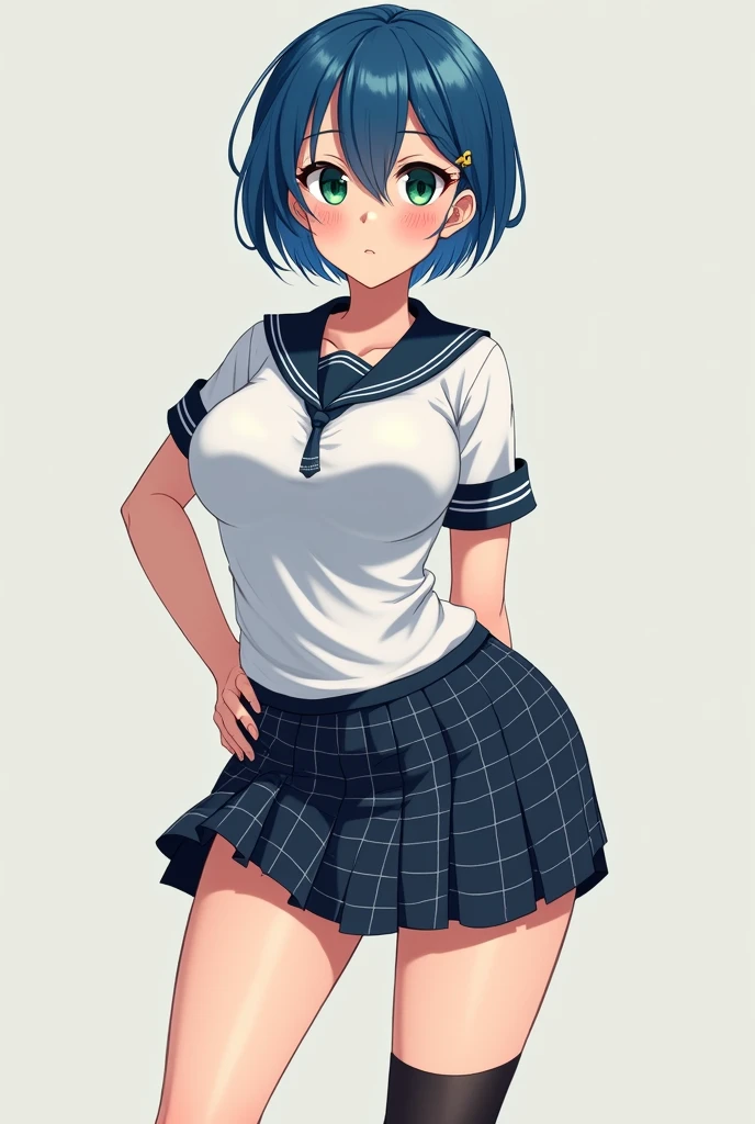 score_9, score_8_up, score_7_up, score_6_up, uncensored, kirishima touka, blue hair, hair over one eye, short hair, blue eyes, BREAK (masterpiece:1.2), best quality, high resolution, (detailed eyes:1.3), perfect lighting, (perfect hands, perfect anatomy), 1girl, breasts, black_gloves, gloves, navel, rating:questionable, looking_at_viewer, solo, skirt, pasties, standing, school_uniform, serafuku, thighhighs, shirt, revealing_clothes, short_sleeves, pleated_skirt, skirt lift, fundoshi, excessive pubic hair