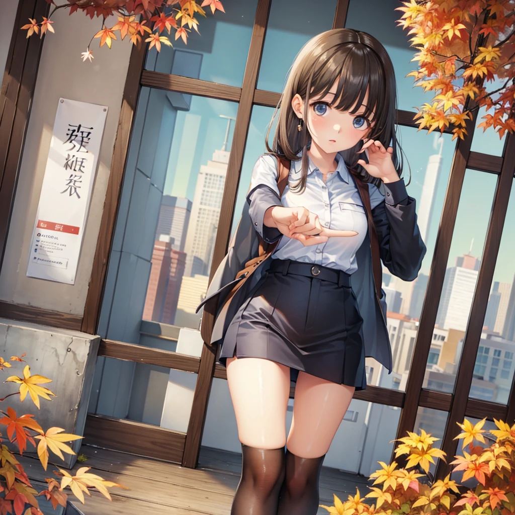 (masterpiece), best quality, expressive eyes, perfect face, Office worker woman standing looking up at the sky with a longing expression in a clear autumn, very short outfit, full body