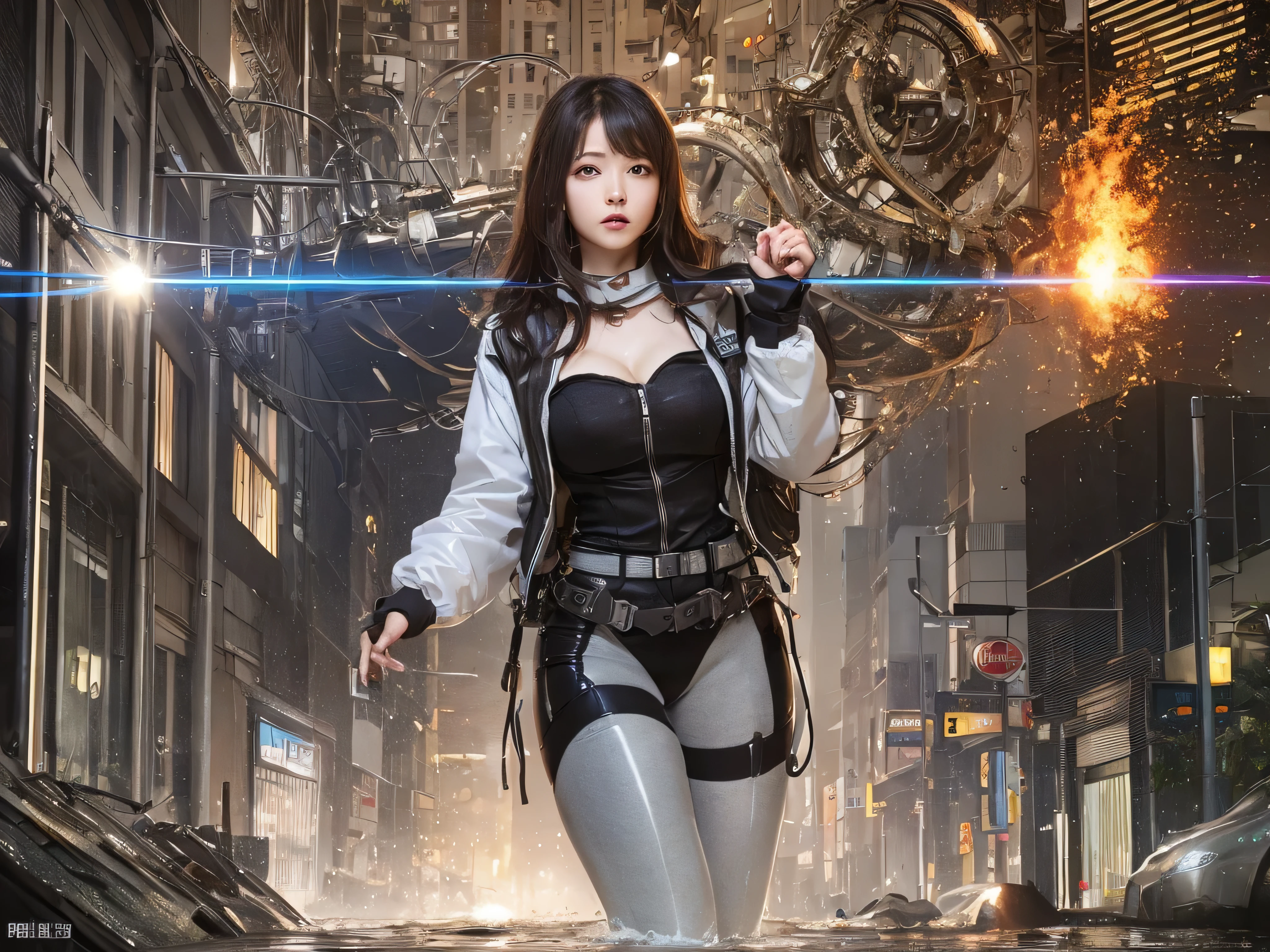 best image quality, movie lighting, octane rendering, super sharp, 1 girl, Japanese, 15 years old, troubled face, glowing skin, Detained fugitives, Running figure, brown hair, shortcut, Full body white pilot suit:1.3, cleavage, cyber punk, Night sky with countless stars twinkling, Shining Milky Way, heavy rain:1.3, Remains, Laser beam attack, big explosion:1.3, Pillar of fire:1.2, A city engulfed in flames, flood, wet hair:1.5, wet skin:1.5, puddle, fine eyes, Fine skin texture, camel toe, Detailed CG image quality, 8mm fisheye lens, Angle looking up from below:1.2, (whole body angle), Full body soaked, fast shutter speed,