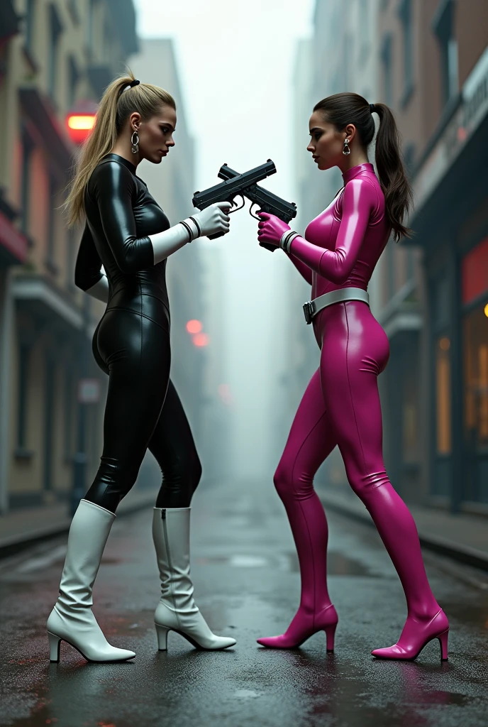 Photorealistic, 2 women fighting, catfight, (sexy thicc stunning busty voluptuous Denise Milani with jet-black hair) fighting in a violent catfight against a (tall toned busty mature blonde Erika Eleniak) in a catfight. Both women are wearing olive green leather army shirts and olive green leather knee-length a-line business skirts, stockings and stiletto-heeled shoes, massive breasts, boxing gloves, breast punch, angry, clothes ripping, breast punching, punching breasts, aggressive, violent, vicious, blood, bruises. ((The stronger blonde Erika Eleniak is punching Denise Milani in the breasts)). The two women hate each other. The blonde Erika Eleniak is violently beating up her opponent. Denise Milani is losing the fight.