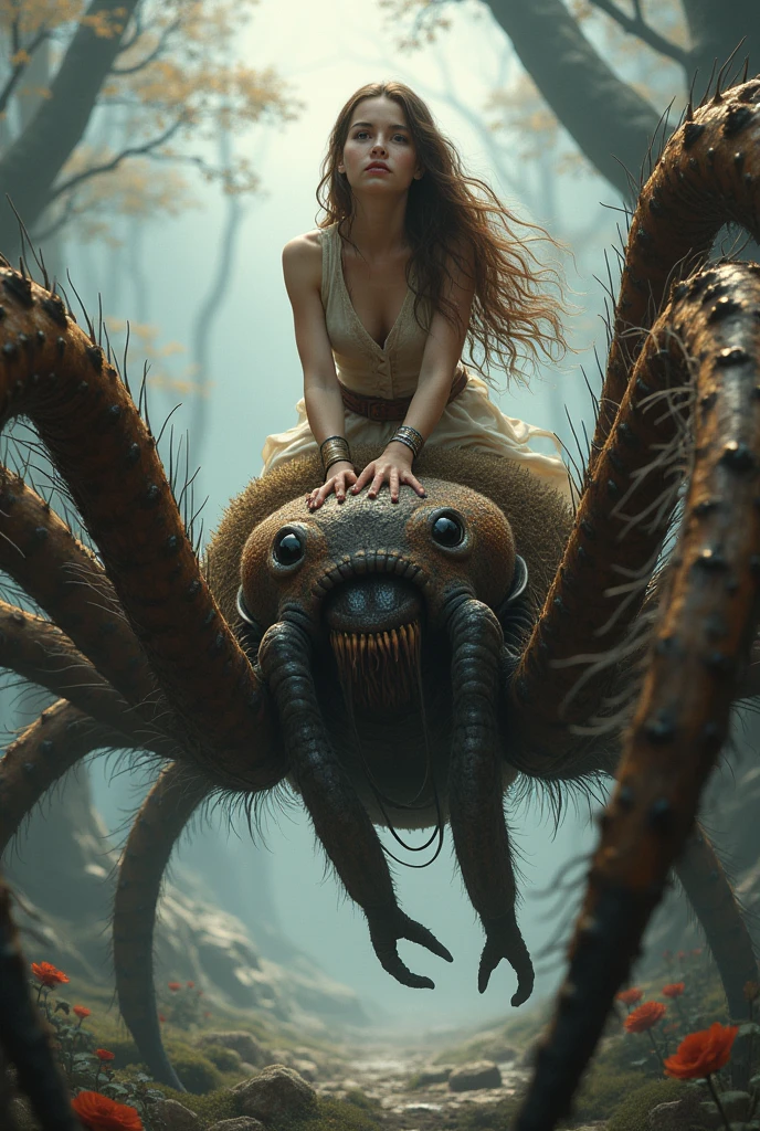 "A hyper-realistic and intense scene set on a bright, deserted city street during the day. In the foreground, a giant spider with long, hairy legs and sharp, menacing fangs is perched over a woman who is being tightly wrapped in thick, sticky webs. The woman's face shows extreme fear and helplessness as the web constricts around her body. The city buildings and street are clearly visible under the daylight, adding a stark contrast to the terrifying scene. The sunlight illuminates the details of the spider's hairy body and the woman's desperate struggle, making the horror feel even more real and unsettling."