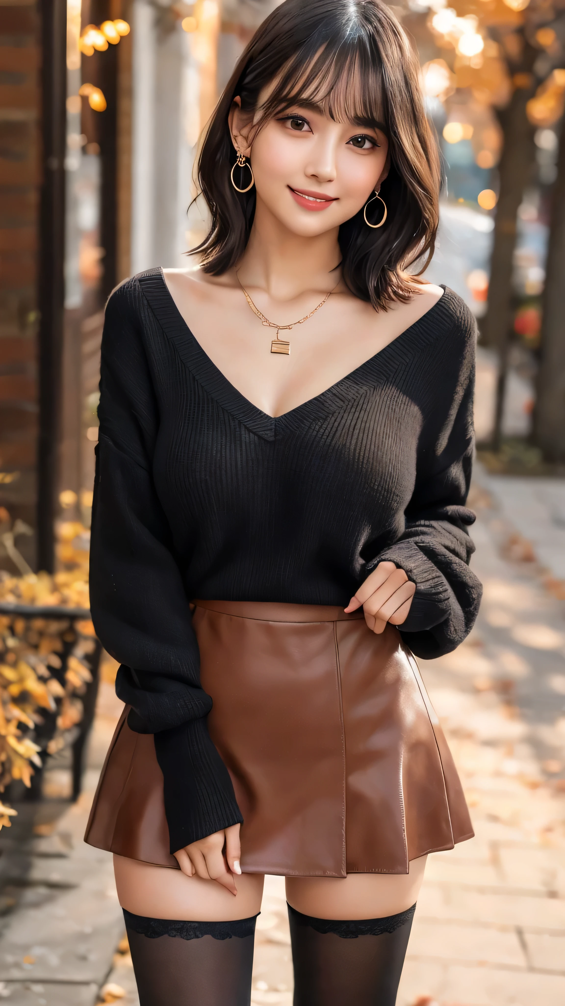 (Tabletop, Highest quality, High resolution, , Pixel perfect, 4K,), 1 girl, single, alone, Beautiful woman、I could see the whole body、 ((Wavy bob hair, bangs, Brown Hair)), ((Brown eyes, Beautiful eyelashes, Realistic eyes)), ((Detailed face, blush:1.2)), ((Smooth texture:0.75, Realistic texture:0.65, Realistic:1.1)), Medium chest, Dynamic Angle, Perfect body, (( Earrings、necklace、Autumn outfit coordination、Tight Skirt、Black knee-high stockings、A shy smile)), Superior、evening、Bring your arms together to emphasize your chest、Big Breasts、hold the necklace between your chest