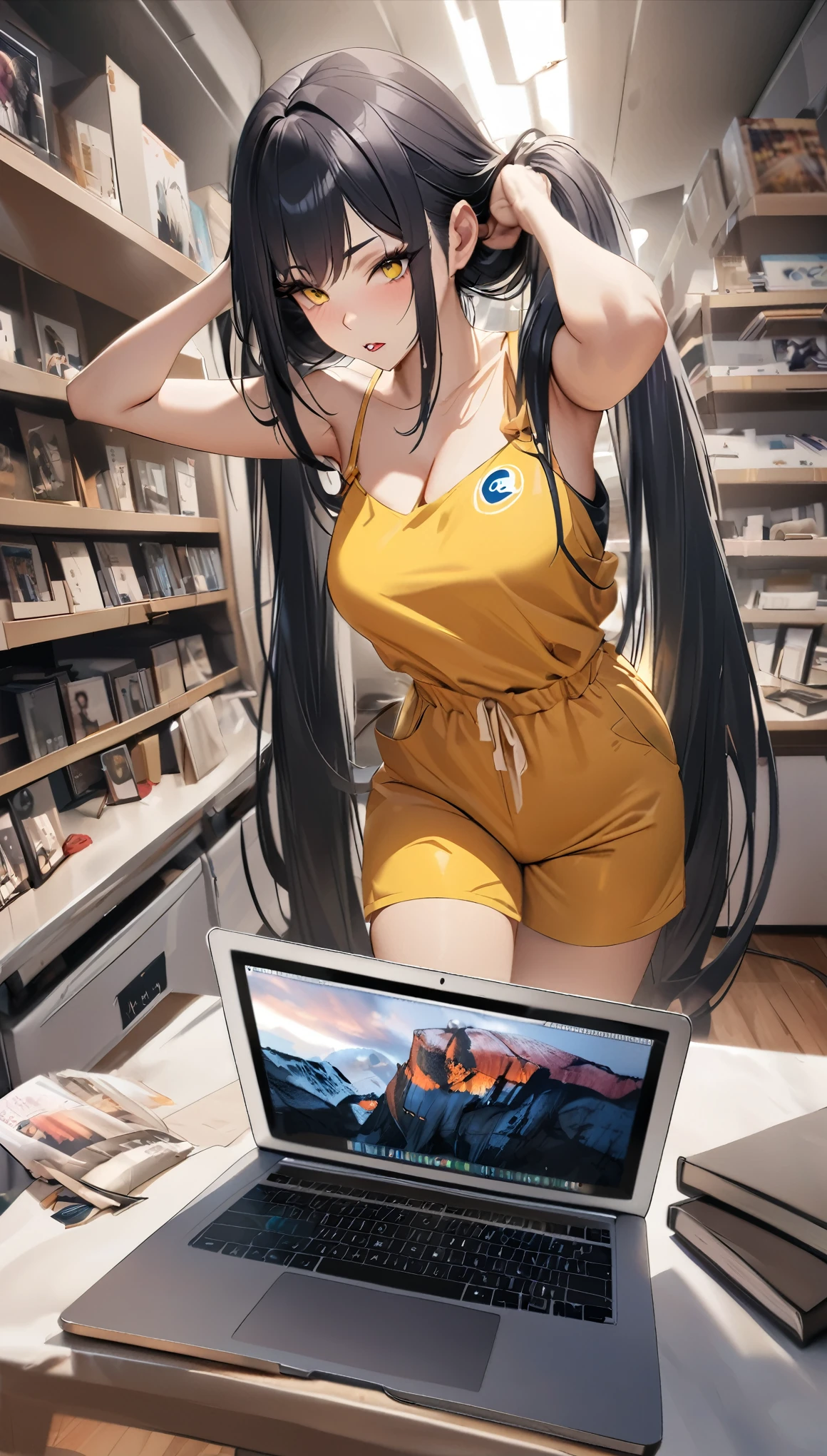 (masterpiece, highest quality, Highest image quality, High resolution, photorealistic, Raw photo, 8k:1.27)), (Extremely detailed CG unified 8k wallpaper:1.27), 1 girl, engineer, (She is wearing a yellow and navy jumpsuit, She is wearing a camisole with the "Macintosh" logo printed on the inner layer:1.57), (looking at viewer:1.32), large breasts,  big ass, juicy lips, big lips, massive lashes, long black hair, twin tails, hair down, she is operating a macbook, she is standing, dynamic posing, She sells MacBooks to customers