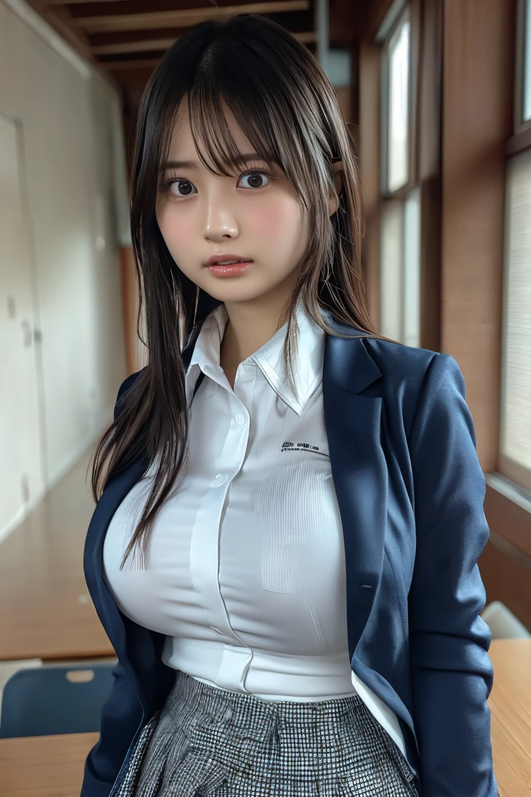 (8k, RAW photo, best quality, masterpiece:1.2), (realistic, photo-realistic:1.4), (extremely detailed 8k wallpaper),1 girl, school uniform, ( blazer:2),  school, dark blue skirt, short skirt, Photo of  Japanese woman.tight-fitting uniform:1.7(bursting bust,Anatomically correct, 18-years-old, Realistic Japanese girl, photographer's lover, She truly loves photographer, Realistic skin:1.3),plunging necklines:1.5,long neck,Browsing Caution,bursting breast,Highest quality,Ultra-high resolution,1 person,whole body,Black hair, bangs, cool expression,Looking into the camera,Beautiful and elaborate face,Fine and beautiful skin,Skin Texture,high school student, school uniform, (tight-fitting white shirt:1.6), tie,(big breasts:1.6), Checked mini skirt,Classroom after school,(Standing pose,1.3: