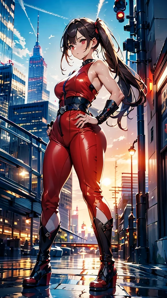 (masterpiece, best quality), intricate details, 8k, artstation, wallpaper, official art, splash art, sharp focus,, 1girl, long hair, twin tails, red eyes, brown hair, ,red jsuper jumpsuit  , skyscrapers, night city, buildings, cars, street, battle stance