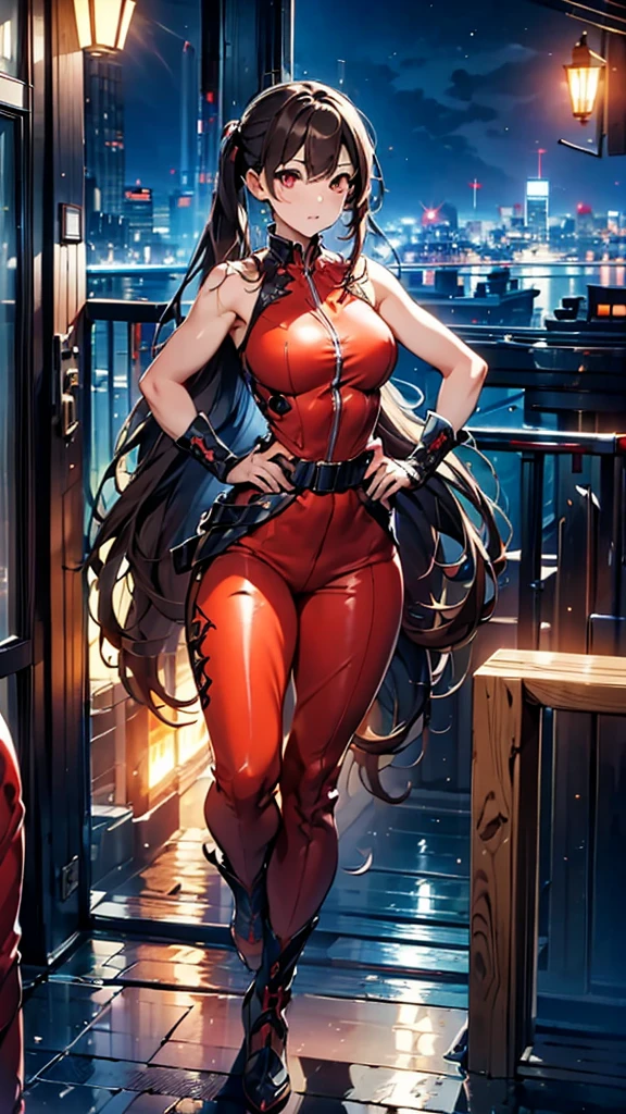 (masterpiece, best quality), intricate details, 8k, artstation, wallpaper, official art, splash art, sharp focus,, 1girl, long hair, twin tails, red eyes, brown hair, ,red jsuper jumpsuit  , skyscrapers, night city, buildings, cars, street, battle stance