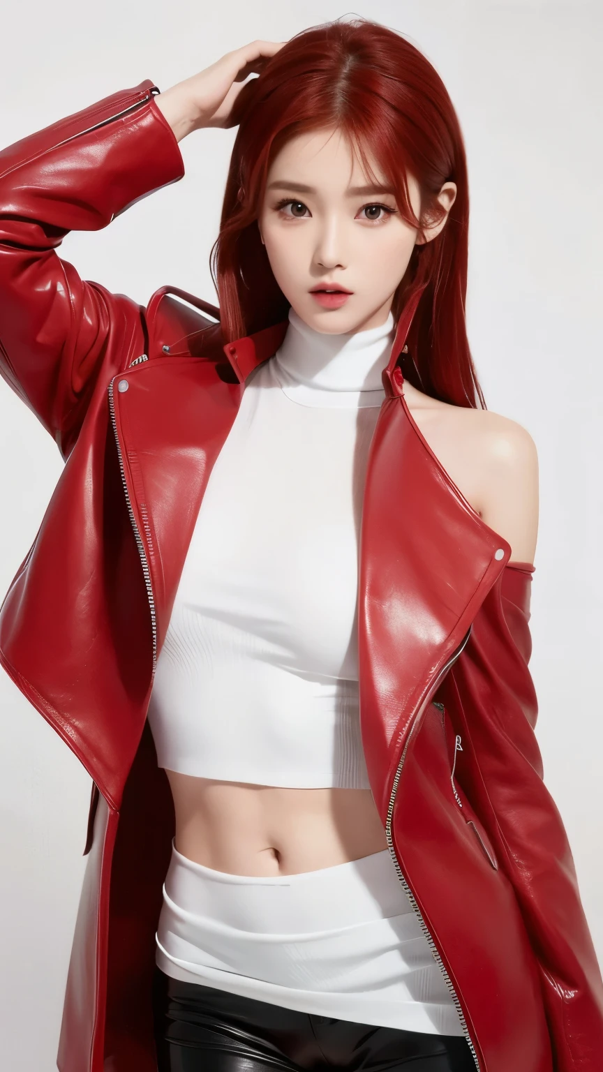 K-pop idol introduction photo. white background. red hair, Black and red leather outfit