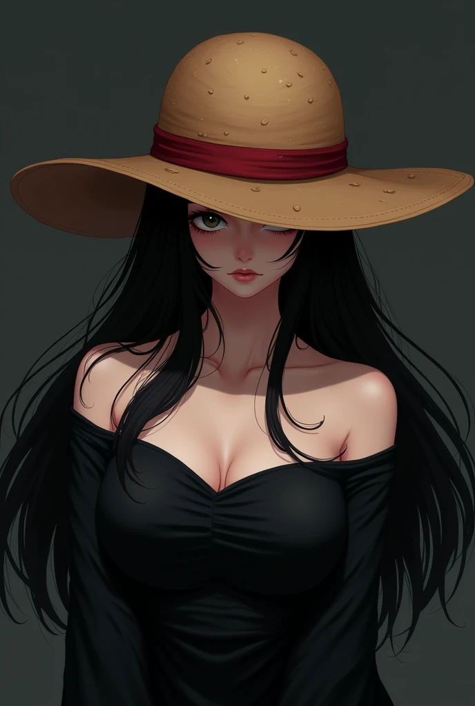 masterpiece, best quality), intricate details, 1 girl, woman, black hair, luffy, ((monkey d luffy)) \ (one piece\), scar on face, (long hair), shirt, white shirt, female focus, clothes, collared shirt, pants, cape, black coat, shirt, scar, sandals, pectorals, black coat on shoulders, nature, scenery, upper body, straw hat, ((front view)) ((close up shot)) ((solo)) (black eyes) ((female monkey d luffy)) luffy from one piece, detailed eyes, night, ((high resolution)) (upper body) (no cleavage)