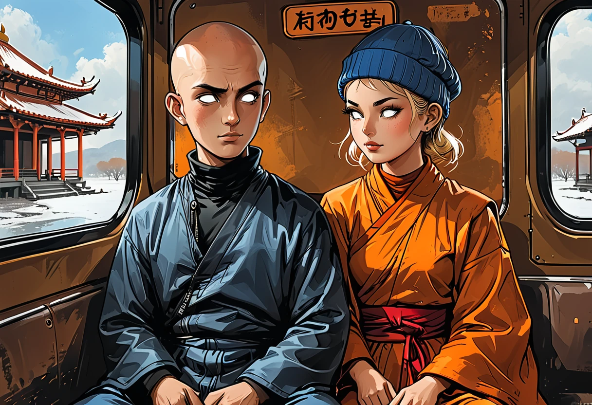 (((girl and man sitting on a bus))),(((girl in Blue zipped up down winter jacket and black turtleneck )) and (jeans) and black gloves and (((blue winter hat))))) with (((((blind Buddhist monk))) in ((orange Kashaya)))) sitting inside in the passenger seat on the bus, (girl adult, [Nordic], perfect Olive skin, Oval Face, Long neck, Rounded shoulders, perfect hand, round forehead, (Short blonde Waves pixie hair), snub nose, Arched eyebrows, ((Monolid blue Eyes)), High Round Narrow cheekbones, Dimpled Cheeks, Rounded Chin, Rounded Jawline, Full nude Lips, (blue eyes), Nude Makeup Look, long eyelashes,) (((blind Buddhist monk, round face, white eyes, no eyebrows, no hair, bald, paw-eared, round cheeks, narrow lips, man, white sclera eyes, Whitewash Eyes,))), 
(((tropics))), graphic style of novel comics, perfect hands, 2d, 8k, hyperrealism, masterpiece, high resolution, best quality, ultra-detailed, super realistic, Hyperrealistic art, high-quality, ultra high res, highest detailed, lot of details, Extremely high-resolution details, incredibly lifelike, colourful, soft cinematic light,