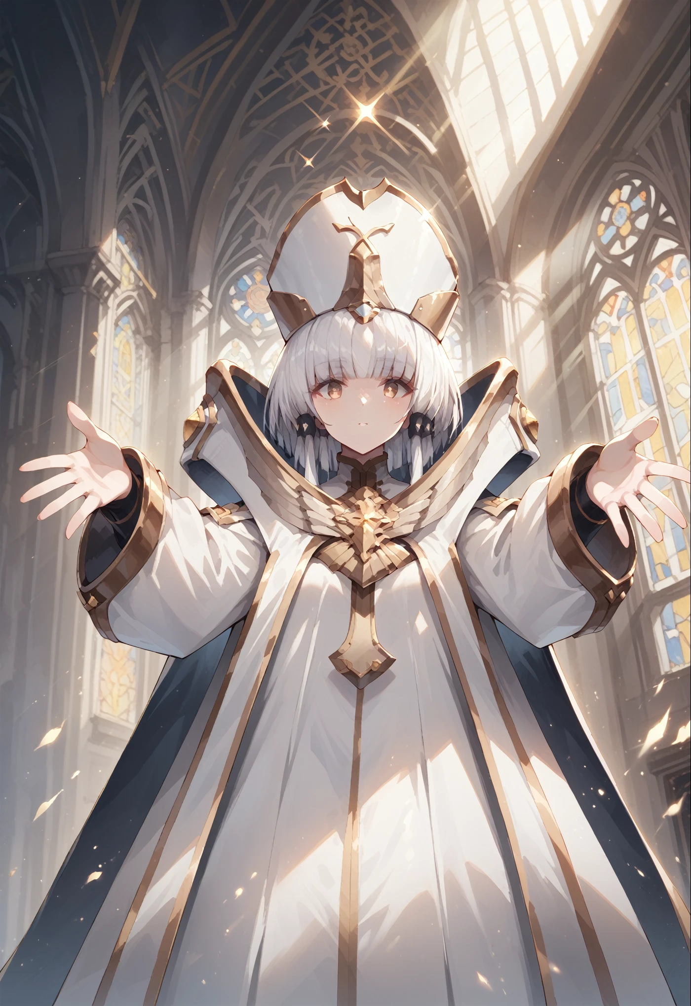 core_9, score_8_up, score_7_up, source_anime, 1girl, solo, looking at viewer, indoors, church, from below, outstretched arms, arcana, white hair, gold eyes, blunt bangs, hair tubes, short hair, long locks, white headwear, cape, white sleeves, long sleeves, cross, jewelry, forehead jewel, rays of light fall from above, giving the painting an atmosphere of divinity, full body, a little bit more mouth, big expressive mounth, all fingers are visible, bare walls, on the chest there is a shield emblem