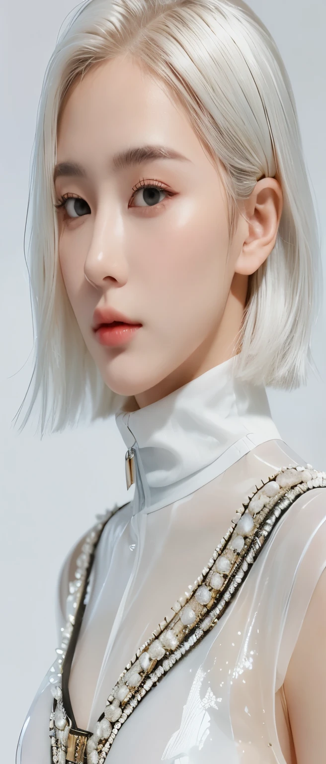 best quality,A perfect masterpiece,A perfect work of art,Official work,8k,, (upper body portrait:1.3),((view from the side:1.5)),close-up lenses,delicate face,, ,gray hair女孩,(gray hair:1.5),Short and medium length hair,((White and transparent eyes:1.5)),(white dress:1.2),(transparent clothing:1.2),(black background:1.3),, Pearl illusion,cyberpunk,fashion,3s material,HD,detailed expression,C4D,3d,octane rendering,ray tracing,intricate details,Animated lighting,renderer,