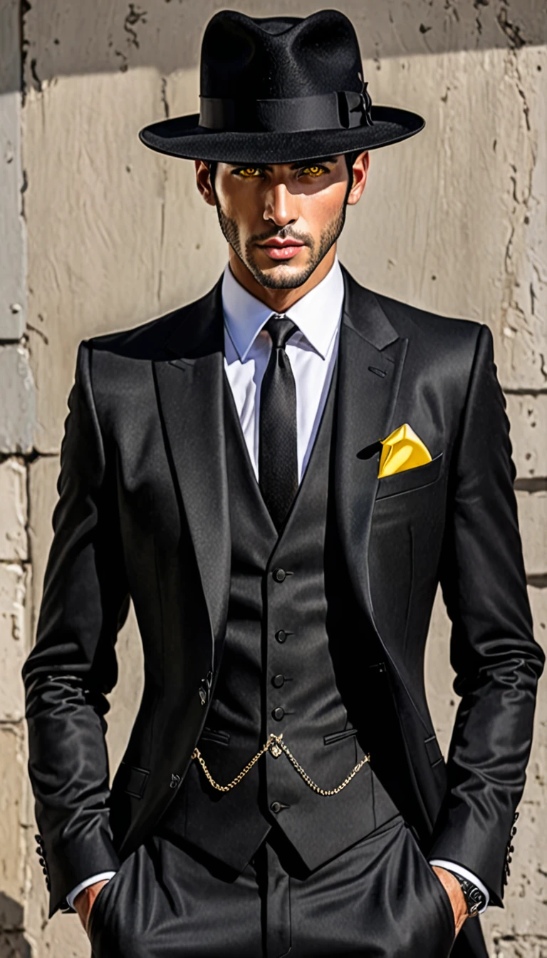 Cinematic photo, wide angle, of a handsom man, 24 years old, shaven , short curly brown hair. dark brown tight velvet suit, with black flower patterns. Minimalistic background, clean composition, strong details, Muted Colours, Hasselblad --style raw, tall and muscular body